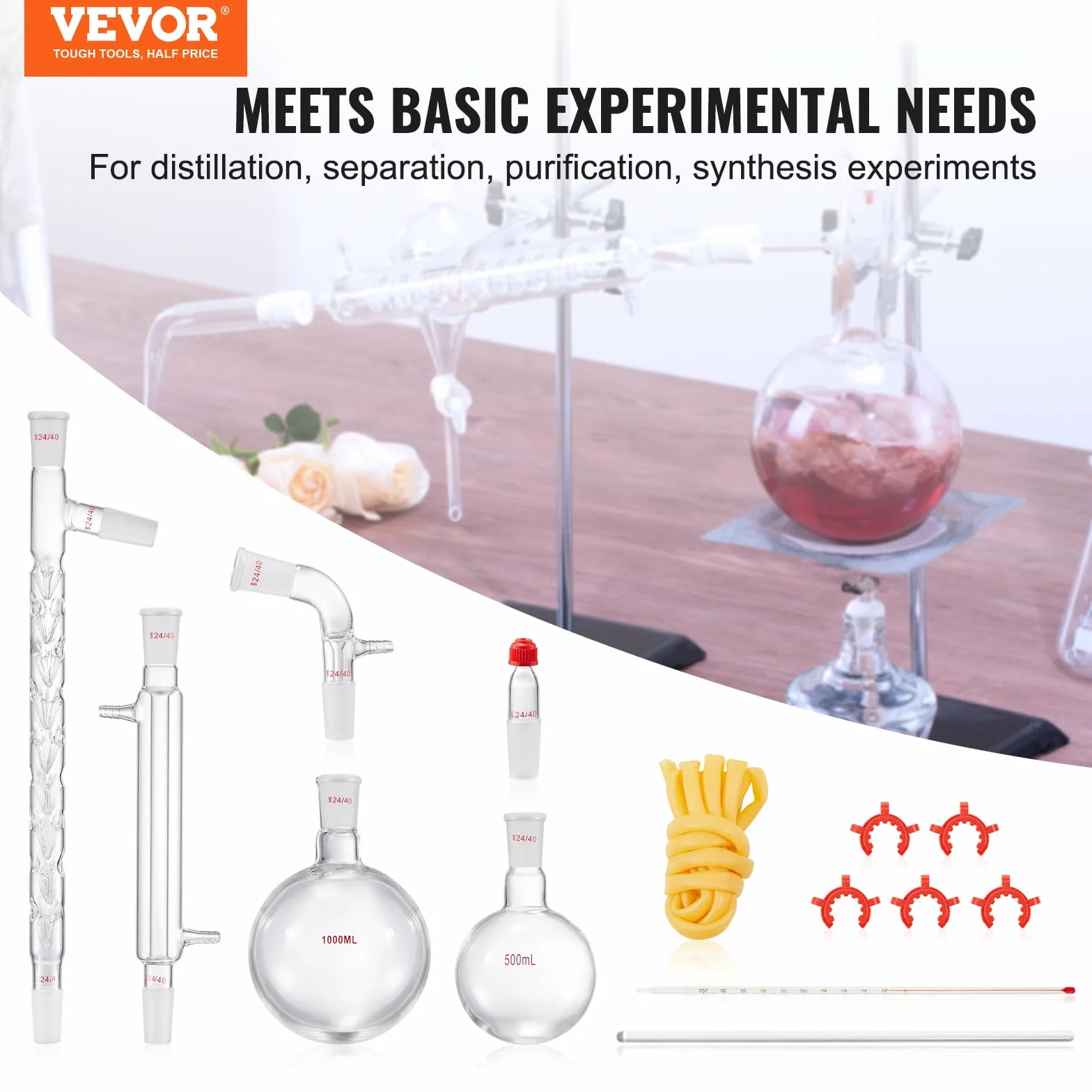 VEVOR Kit di Distillazione,14 Pezzi Kit di Vetreria da Laboratorio, Giunti 24/40 Kit di Distillazione da Laboratorio, 1L Kit di Vetreria per Purificatore in Vetro, per Essiccazione, Cristallizzazione