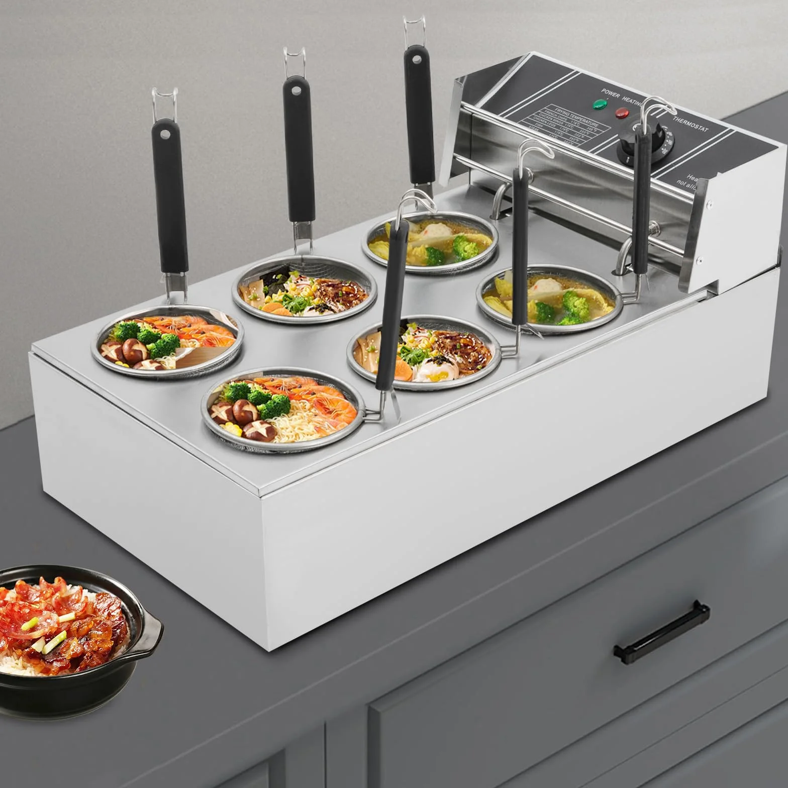 Fornello elettrico da 2000 W, con 6 cestini, temperatura regolabile, in acciaio inox, per ristoranti, spaghetti, mense, ecc