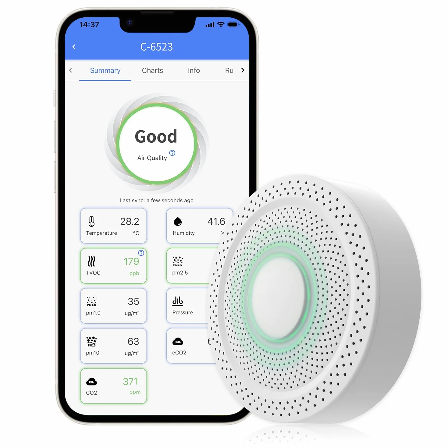 UbiBot AQS1 Monitor della Qualità dell'Aria 9-in-1 - PM1/2.5/10, TVOC, CO2/CO2e, Temp/UR/Pressione Aria, Notifiche Multiple, WiFi/RS485, Cloud Pubblico Gratuito, Supporto per Rete Locale.