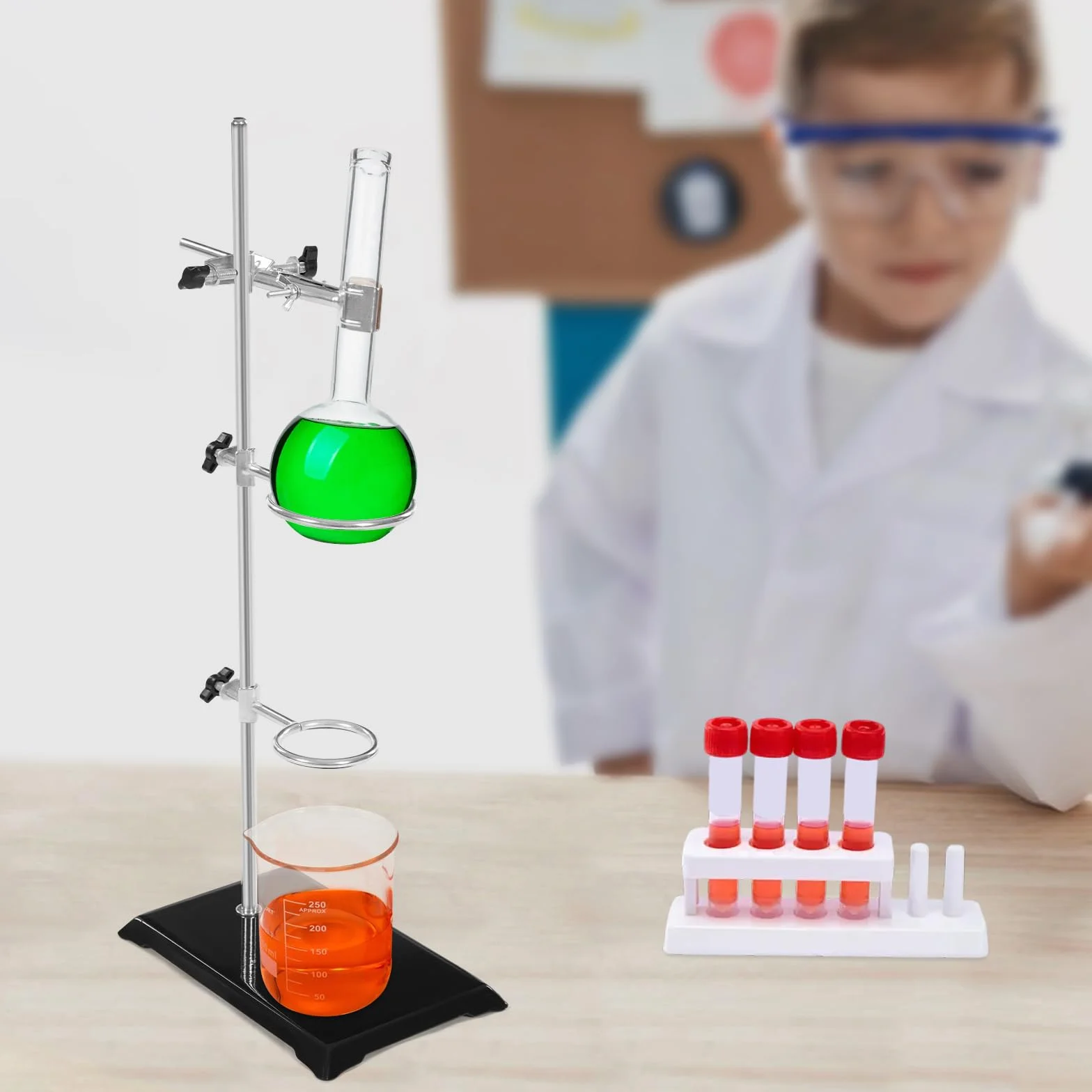 Supporto per laboratorio, 13 x 21 cm, lunghezza asta 50 cm, con morsetto regolabile in altezza, per esperimenti chimici e fisici