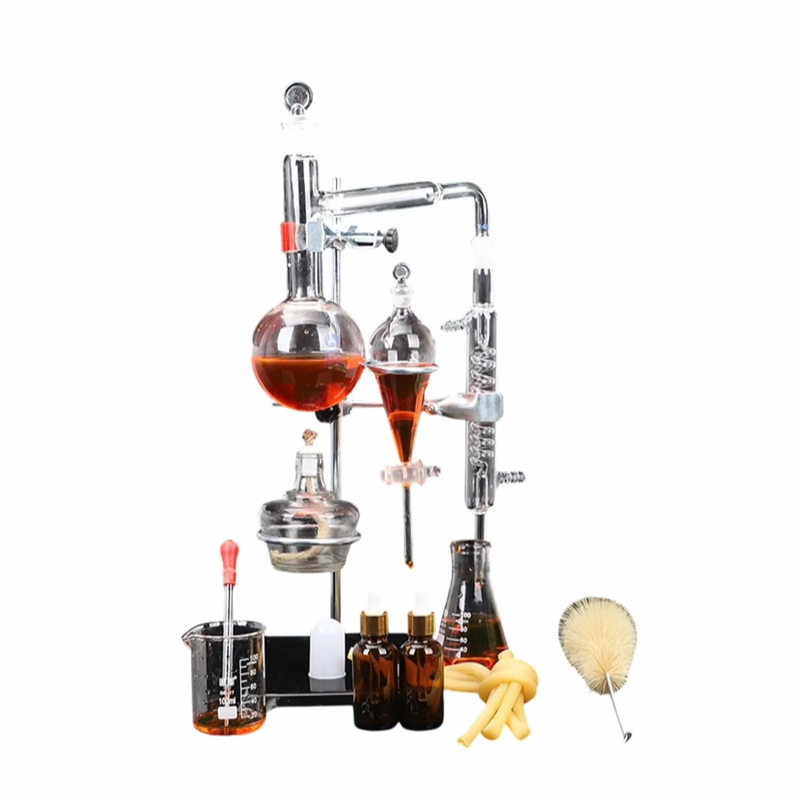 Kit per distillazione in laboratorio, apparecchio per distillazione a vapore in vetro per chimica, kit per distillatore di oli essenziali da 500 ml, attrezzatura per distillazione in vetro da