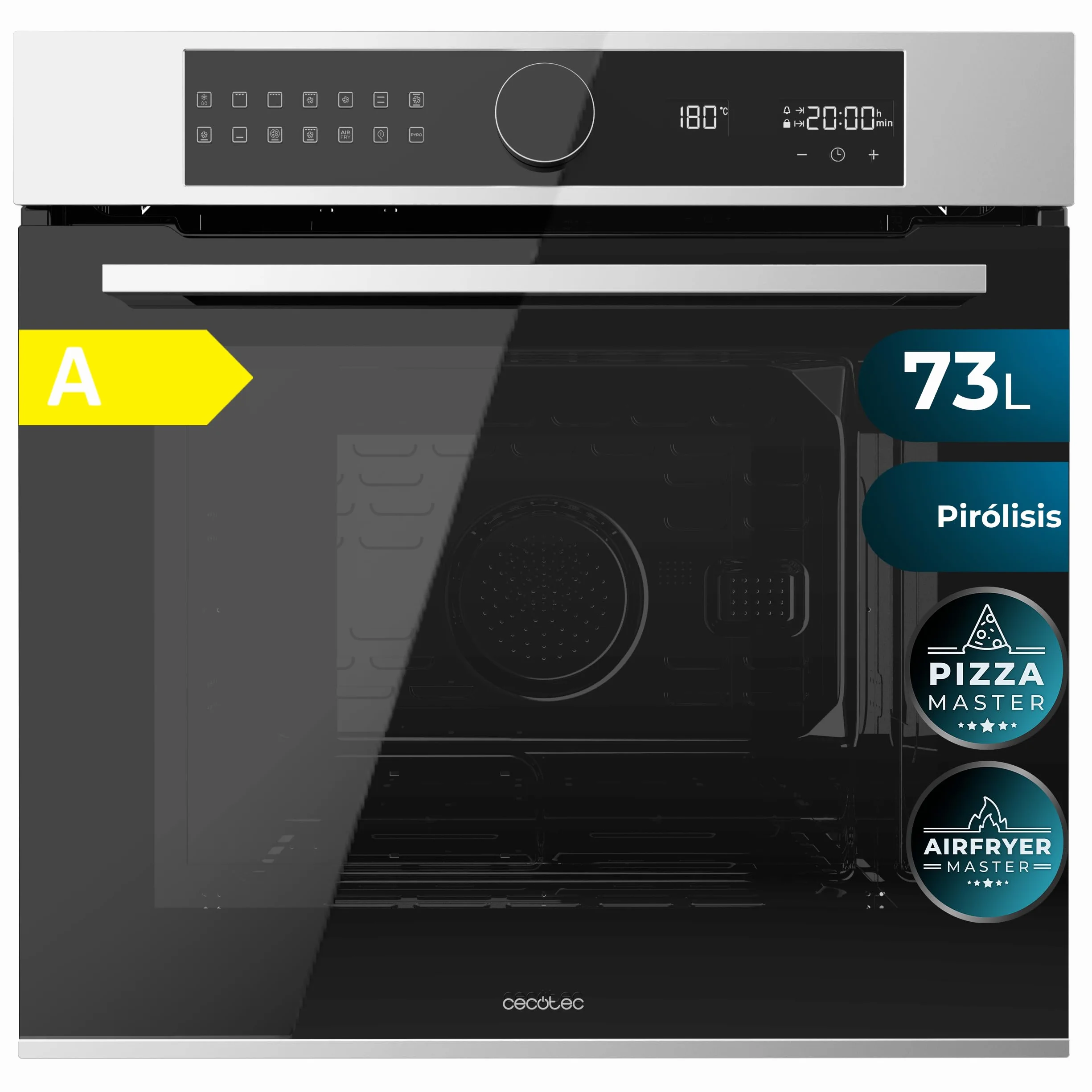 Cecotec Forno da Incasso Pirolitico Bolero Hexa P516000 Line A. Potenza 3250W, 73L, 14 funzioni: Pirolisi, Defrost, Grill, Airfryer. Dual Display e Cooling Fan. Porta Quadrupla Vetro. Classe A