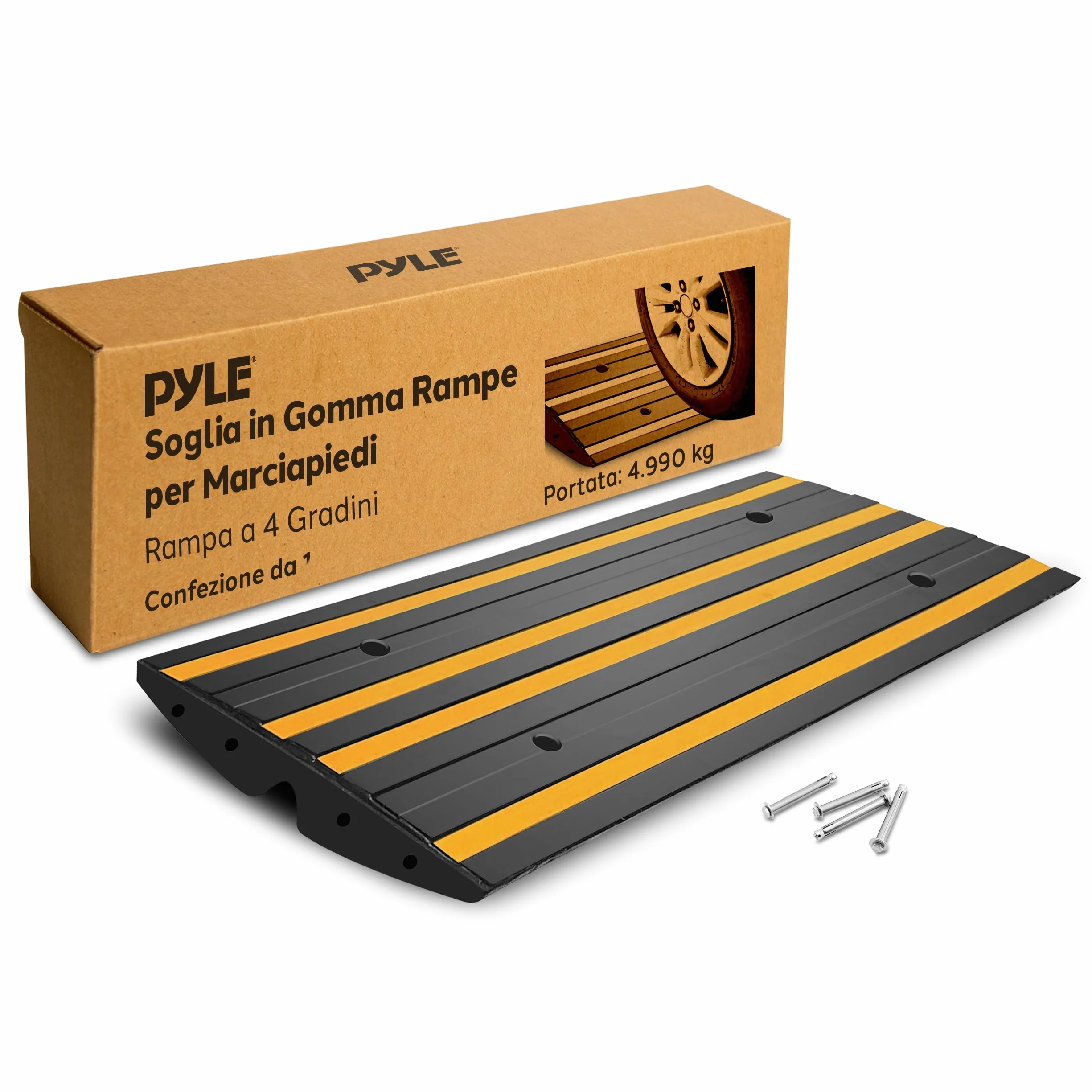 Pyle Rampa Auto in Gomma 120x40x6,5 cm, Rampe per Auto Antiscivolo Impermeabili con Strisce Riflettenti Gialle e Viti di Fissaggio