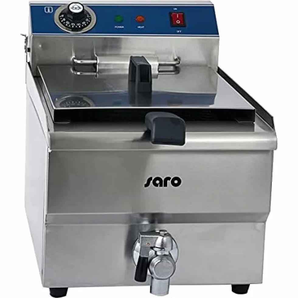 SARO FT 13 - Friggitrice da 13 l, con rubinetto di scarico, vasca arrotondata con zona fredda, regolazione della temperatura da 0 a 180 °C, elemento riscaldante estraibile, da 3,3 kW
