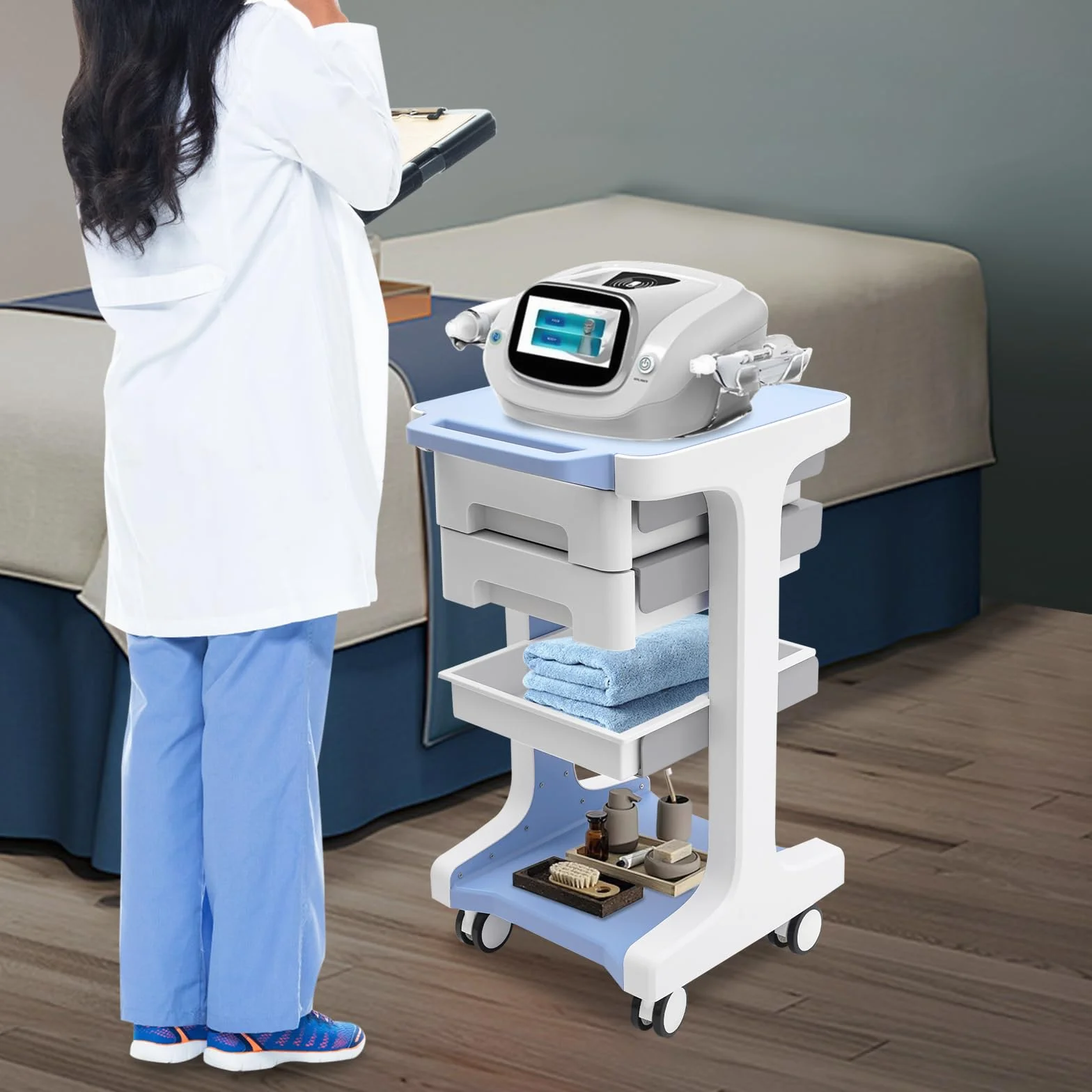 Carrello da laboratorio, carrello medico con 2 cassetti e 4 ruote, carrello cosmetico, carrello da lavoro, carrello medico, portata 50 kg