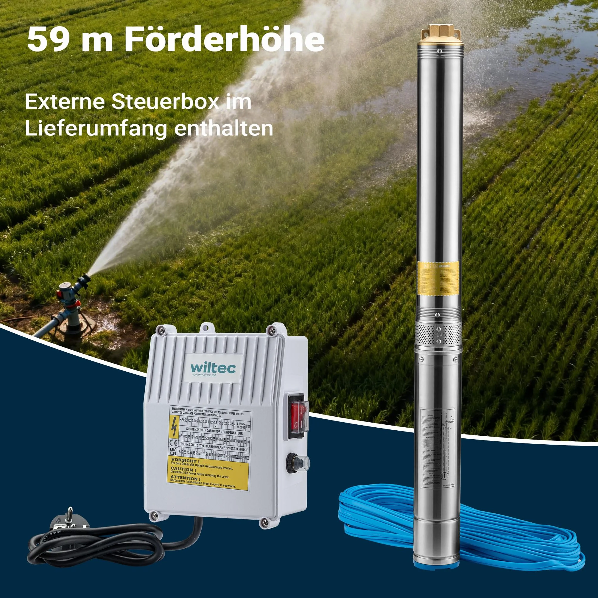 Wiltec Pompa sommersa per pozzi 4" 550 W, portata max 6000 l/h, Elettropompa a immersione con profondità max 20 m
