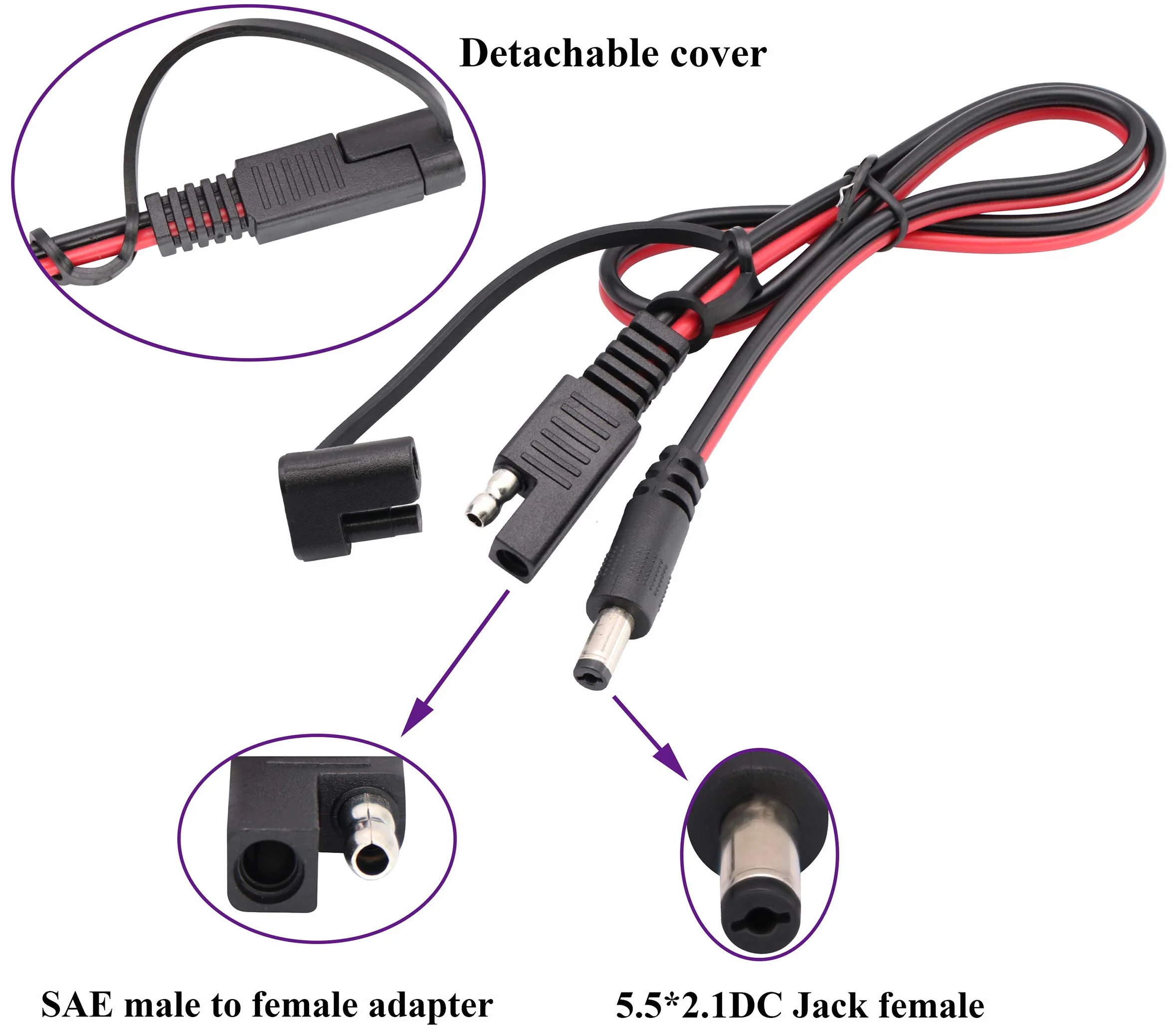 CC a SAE Cavo Spina SAE a CC 5,5 mm x 2,1 mm Adattatori Maschio Cavi per Pannelli Fotovoltaici per Autoveicoli Pannelli Batteria Solare Cavi di Collegamento(0,5M/1,5 Piedi-2 Pezzi)