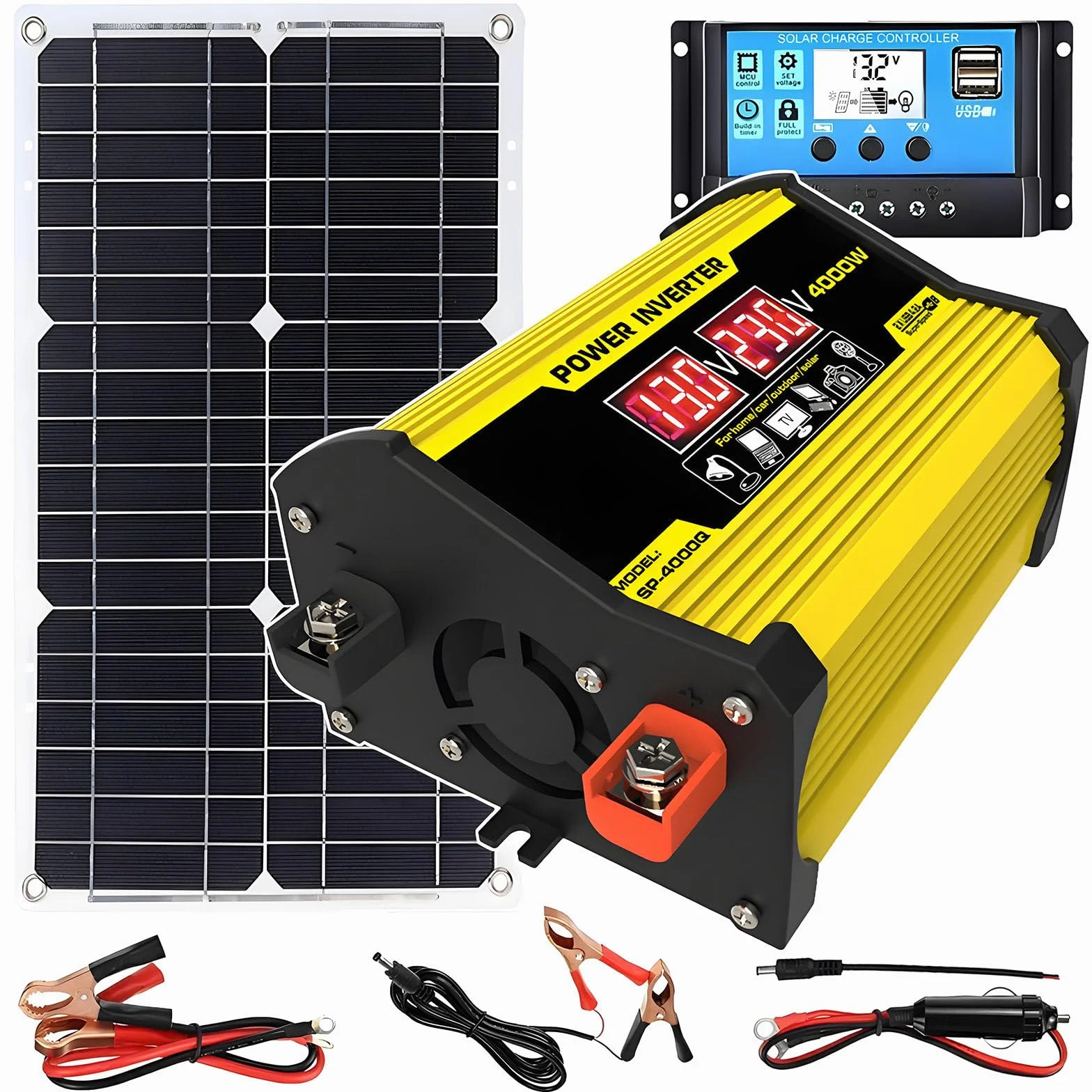 Kit Completo di Pannello Solare con Inverter da 400W/Regolatore di Carica Solare da 30A/Pannelli Solari da 18W, per Uso Esterno in Auto, Camper E Barche Black-220V