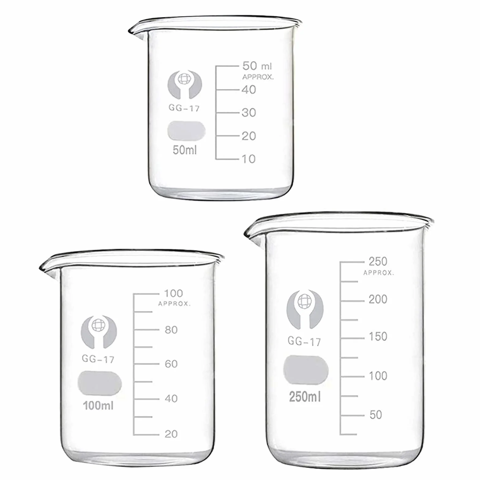 Set di 3 bicchieri in vetro da 50 ml, 100 ml, 250 ml