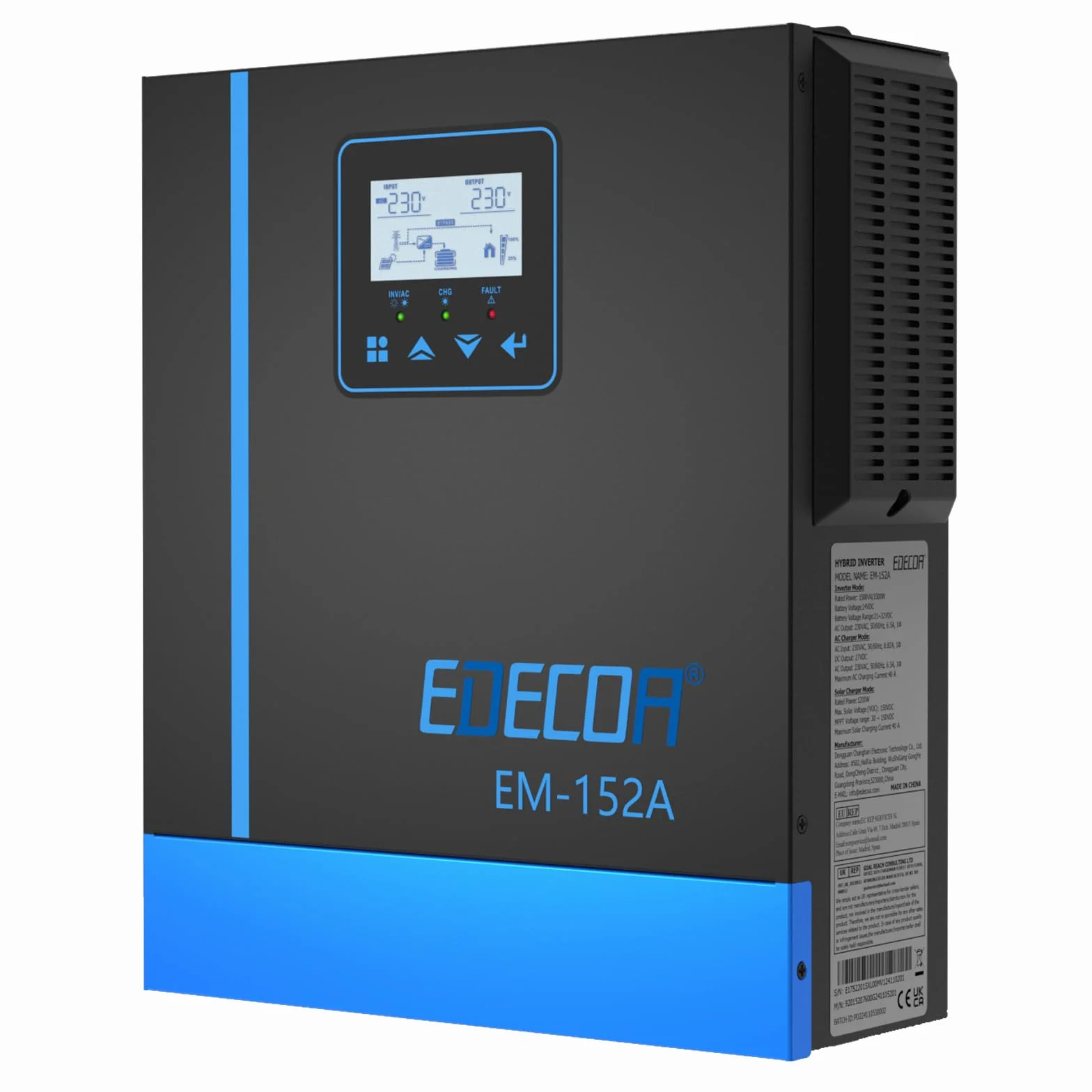 EDECOA Inverter ibrido 1500W 24 V 230 V 1500 VA caricatore solare MPPT 40 A Pur Sinus 30 – 150 Vdc Off-Grid BMS Comunicazione Caricabatterie Priorità di rete Regolatore di carica solare