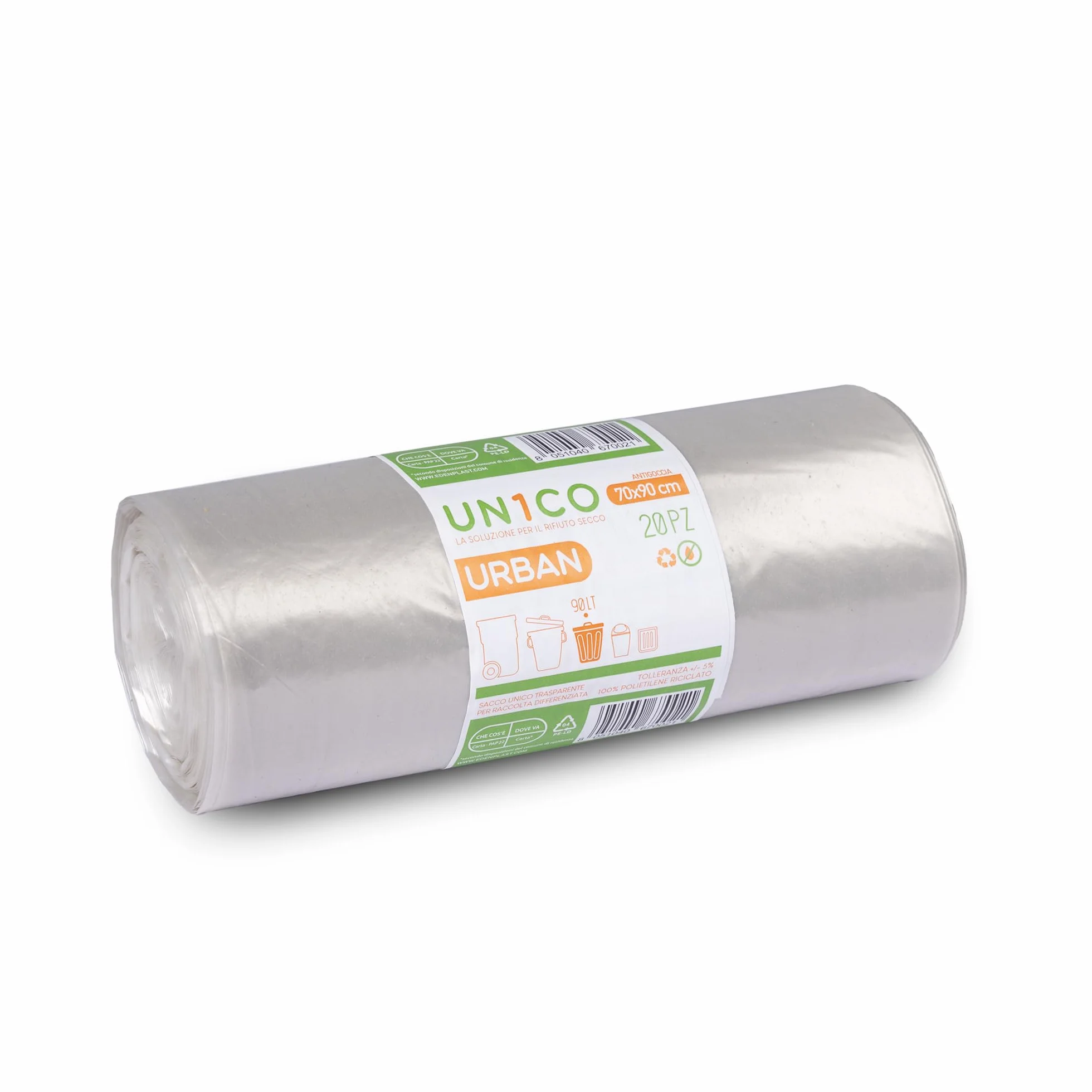 UN1CO URBAN Sacchi Spazzatura Trasparenti 90L - 70x90 cm - Sacchi Raccolta Differenziata Rifiuto Secco - Antigoccia - Polietilene Riciclato -14 Rotoli da 20 sacchi