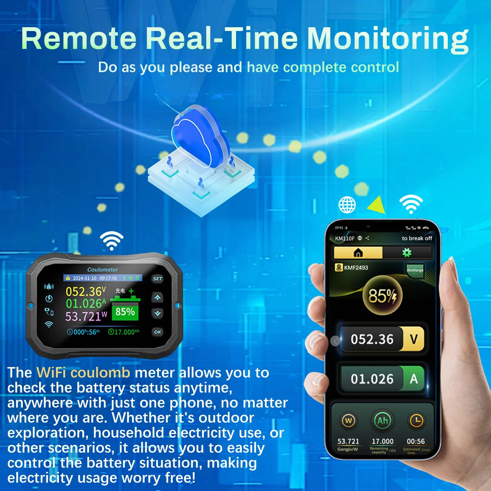 Monitor Batteria, WIFI Tester Coulomb 12V 24V 36V 48V 72V Controllo Remoto APP con Allarme Digitale Voltmetro 100A 10-100V per Roulotte Impianto Solare