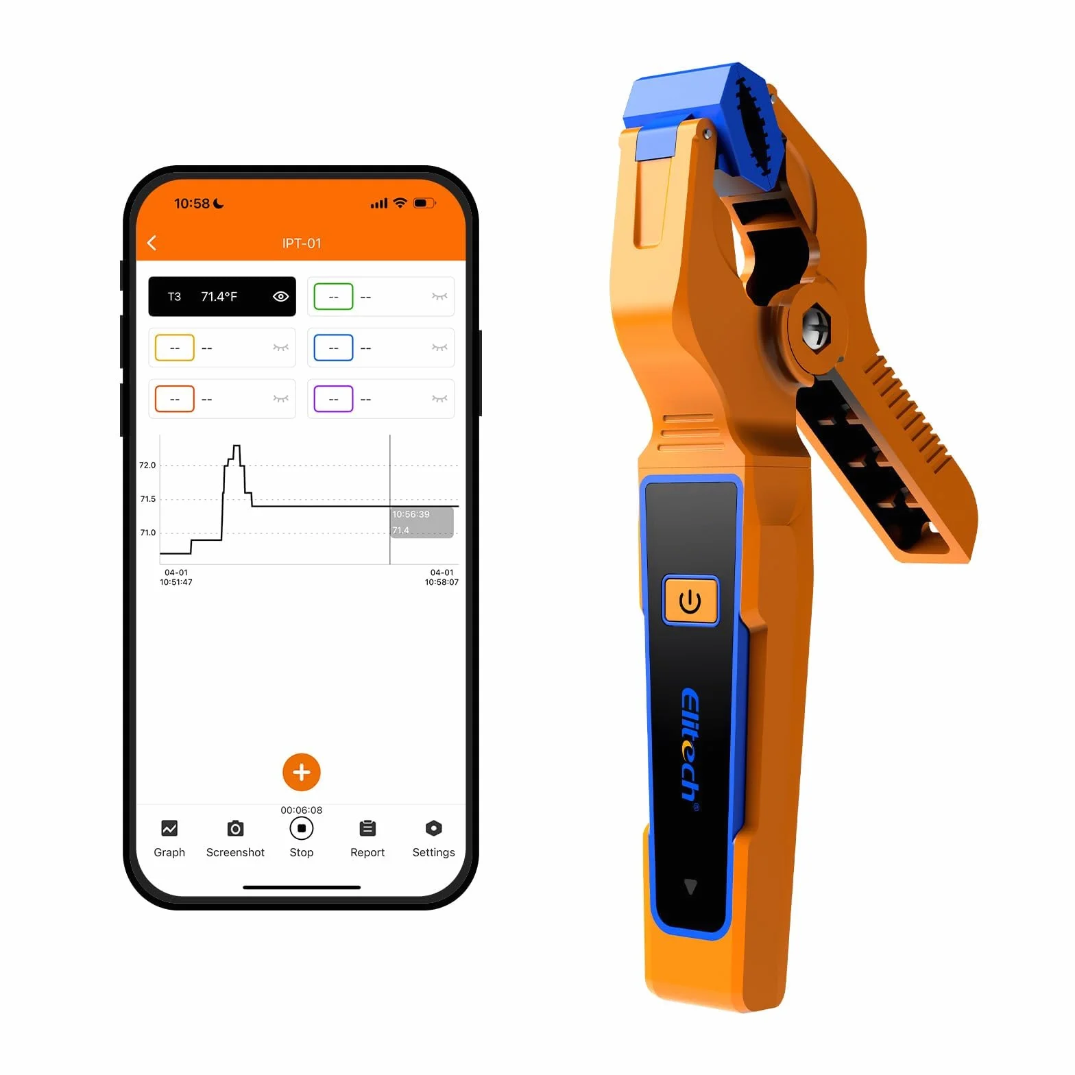 Elitech IPT-01 Morsetto di temperatura senza fili – Termometro tipo T con app Bluetooth, registrazione dati e monitoraggio remoto – Sensore di temperatura HVAC per misuratori digitali Manifold