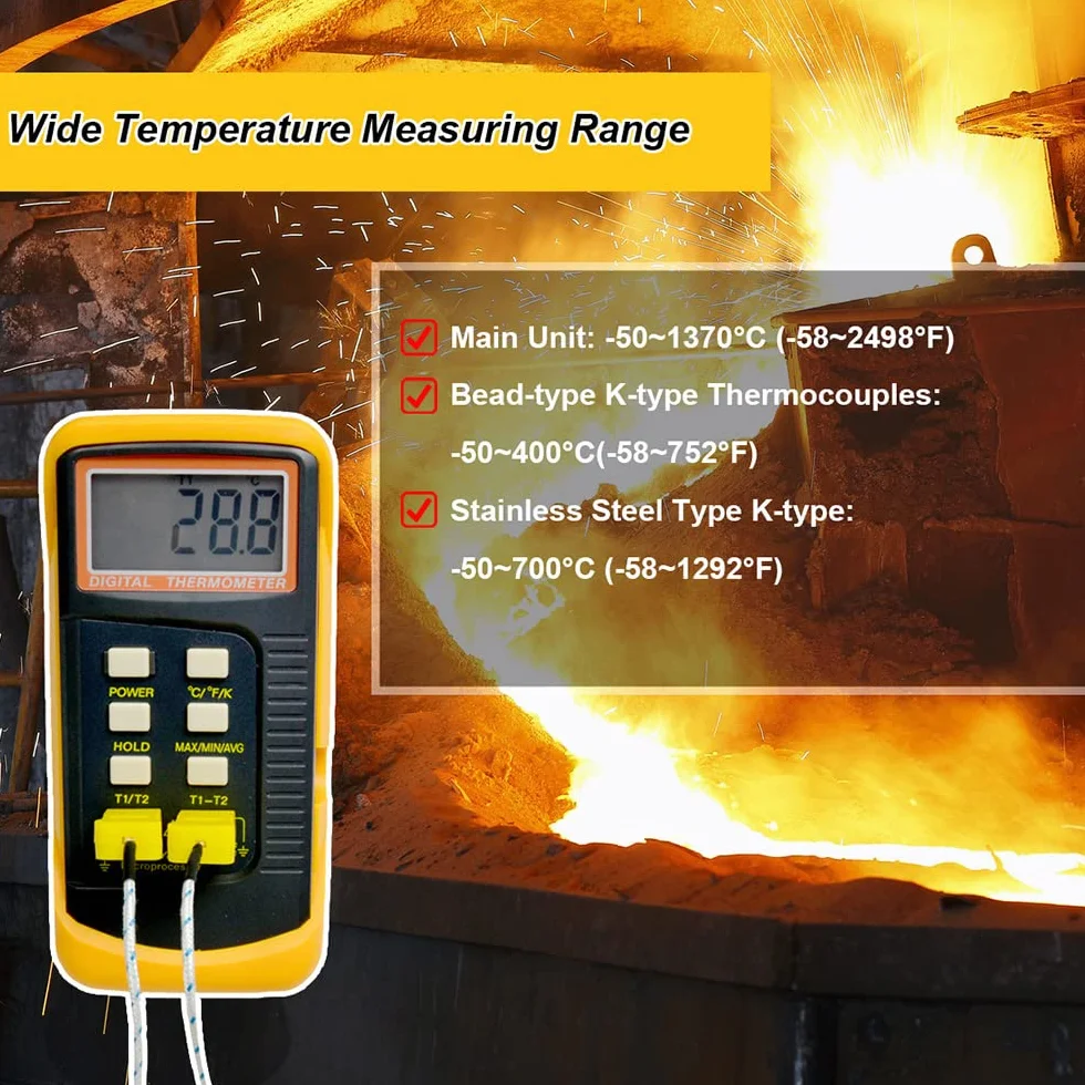 Mengshen Termometro Digitale Tipo K 2 Canali 4 Termocoppie -50~1370°C Portatile