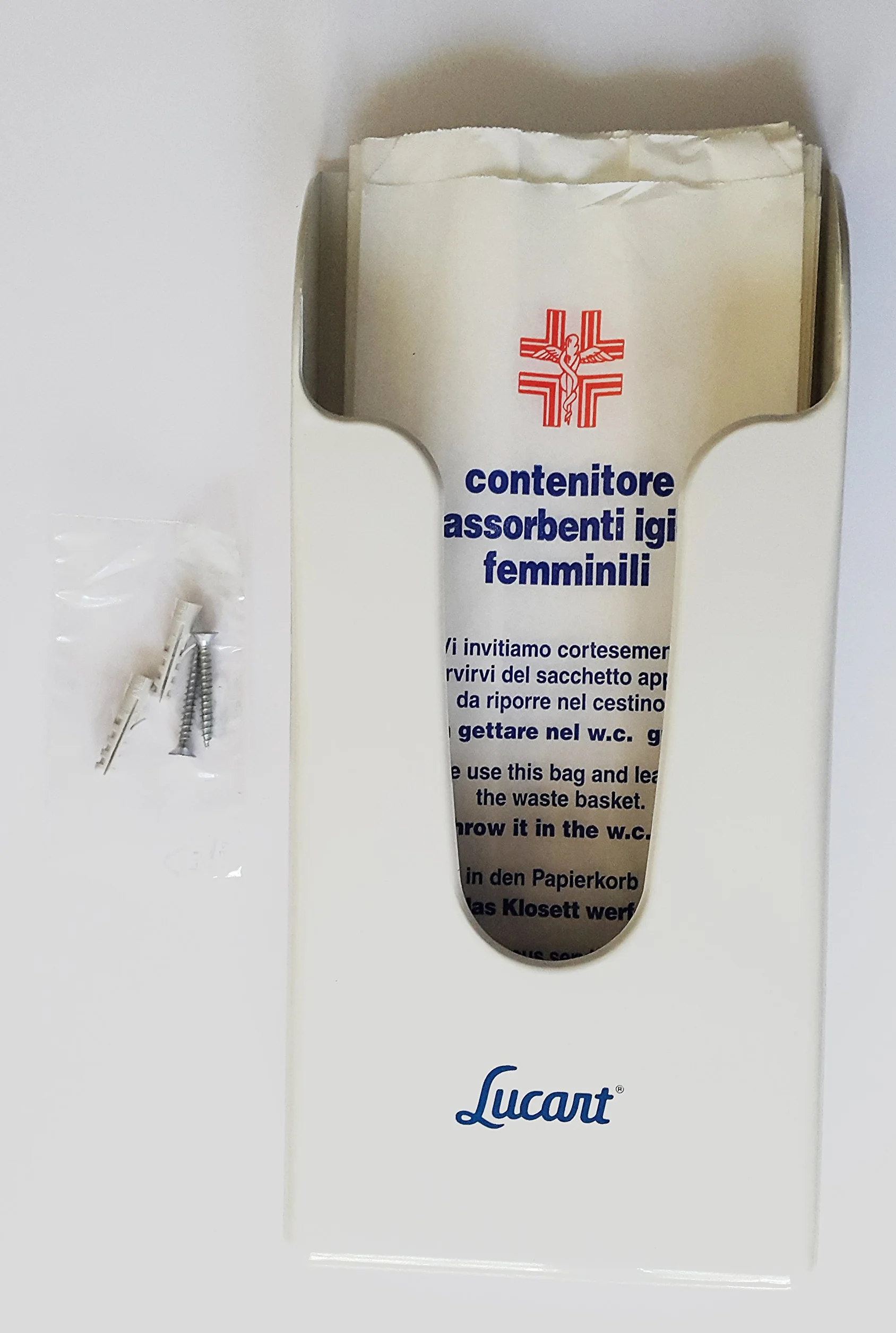 Dispenser da muro Lucart 29x14x5 con 50 sacchetti di carta igienici per assorbenti femminili