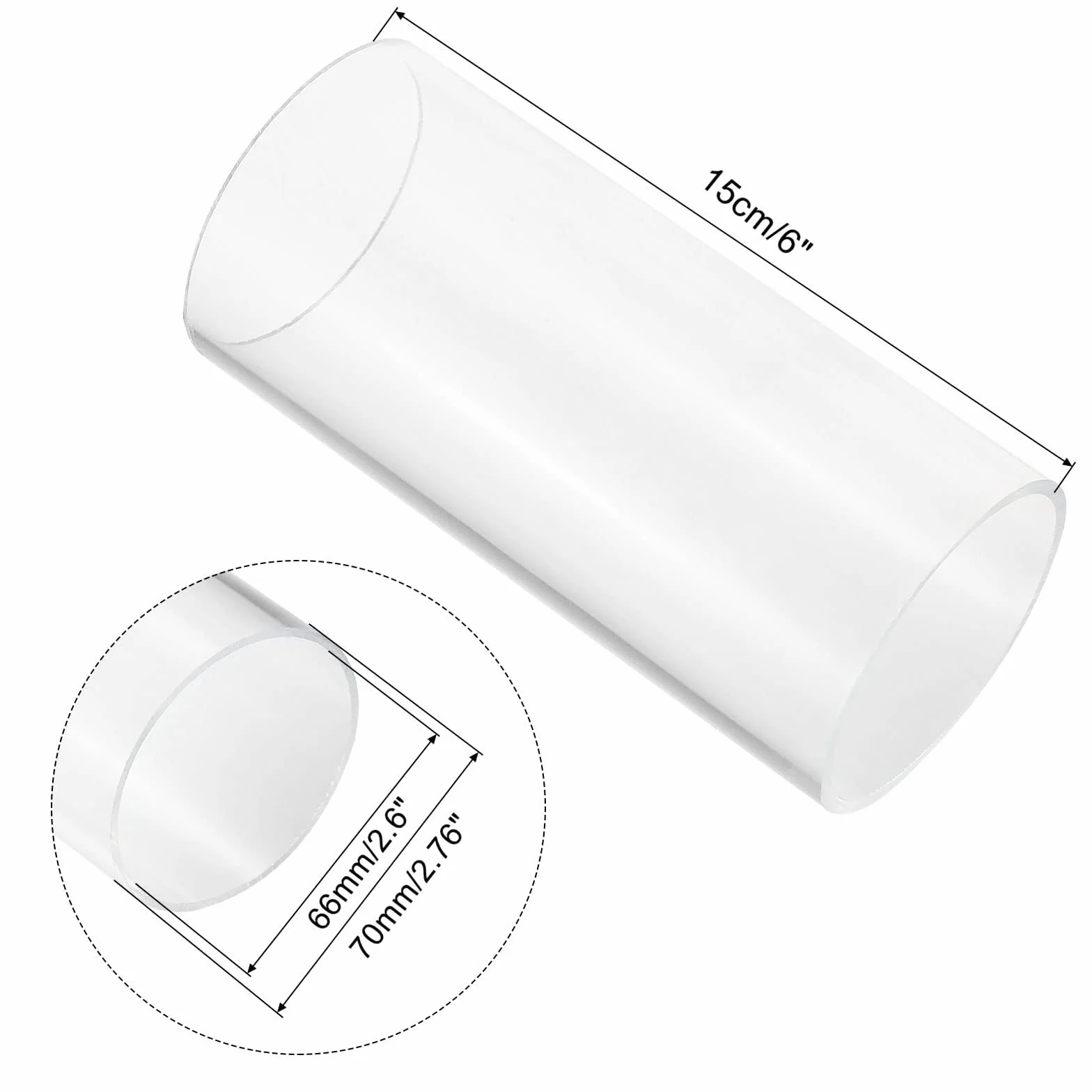 Unifizz Tubo in plastica acrilica trasparente, rotondo, rigido, diametro interno 66 mm, diametro esterno 70 mm, per illuminazione, modelli, impianti idraulici, artigianato