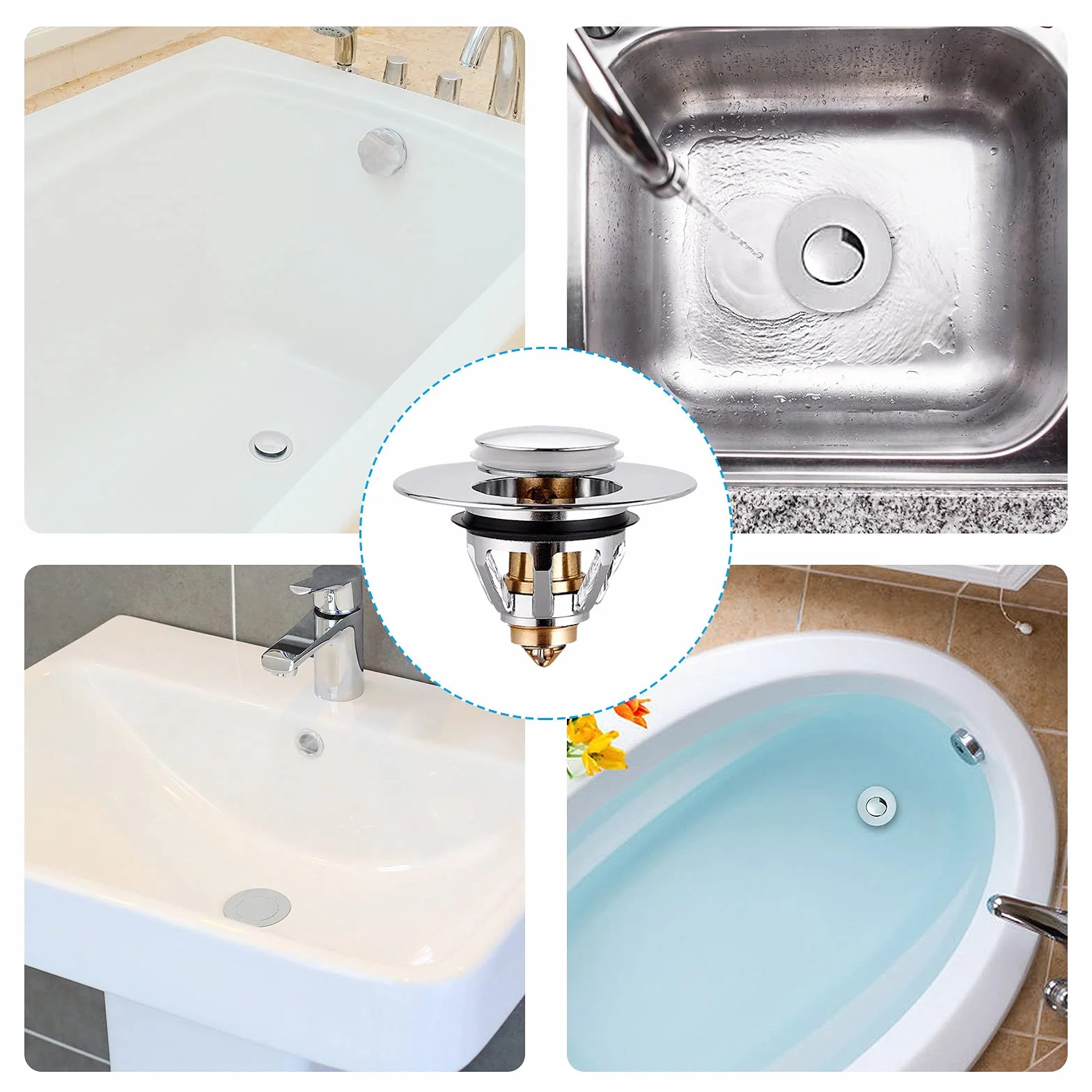 Tappo Lavandino Bagno Universale Piletta Click Clack Ottone Argento