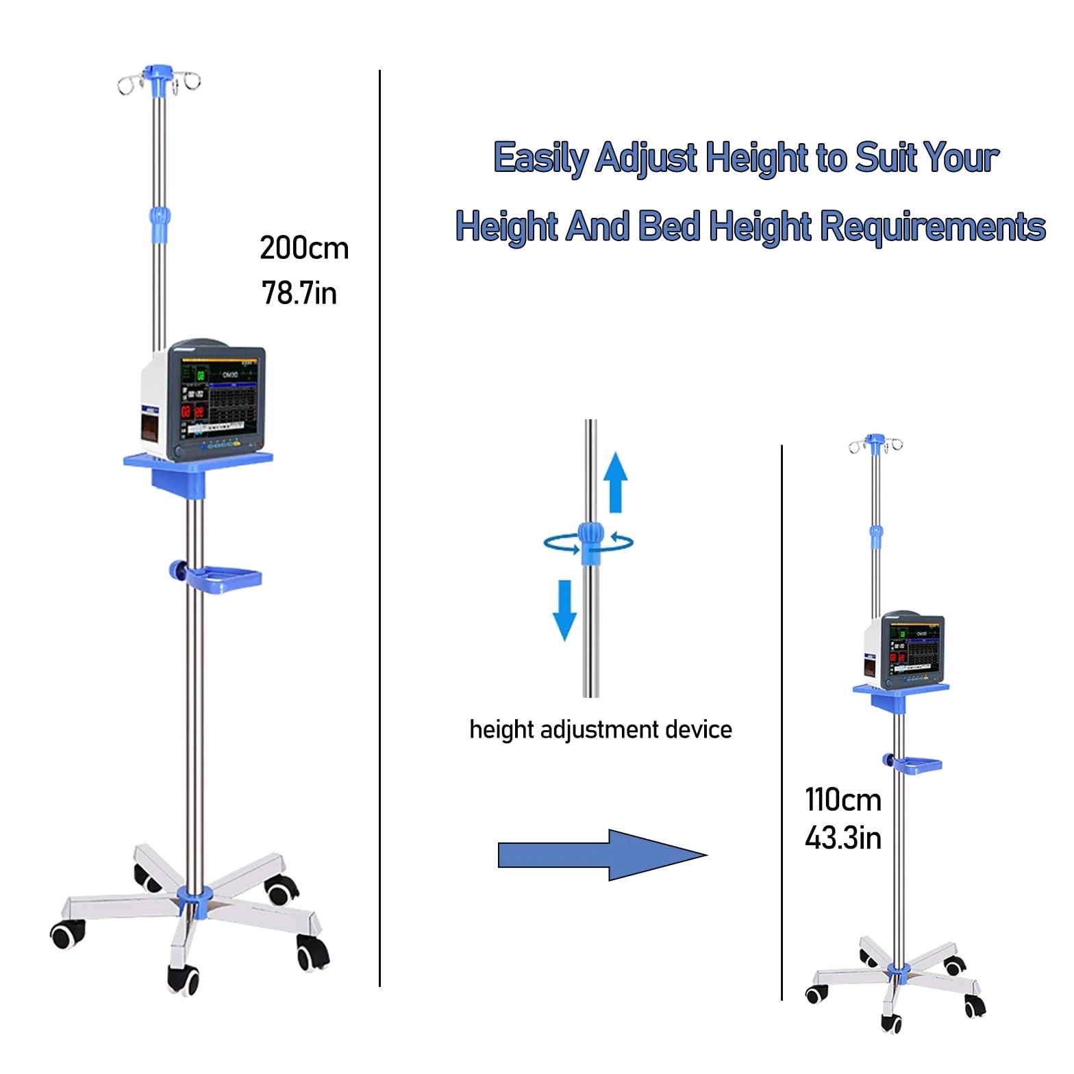 Asta Porta Flebo Con Ruote - Asta per Flebo, Porta Flebo 4 Ganci 5 Gambe Base Mobile con Acciaio Inossidabile Resistente, Altezza Regolabile