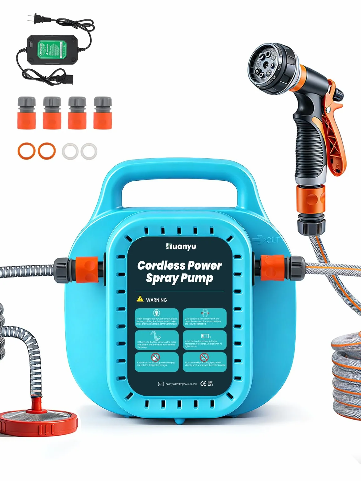 Huanyu Pompa di trasferimento dell'acqua a batteria da 12 Ah con cestello portaoggetti. Pompa elettrica portatile con kit di tubi flessibili lunghi per irrigazione e pulizia