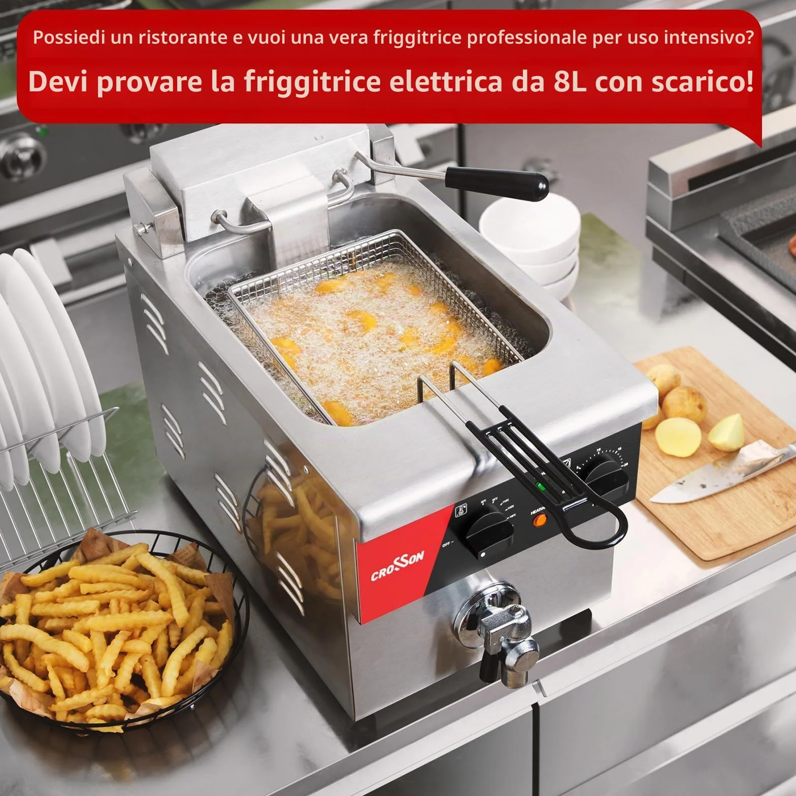 CROSSON Friggitrice Professionale 8 Litri,230V/3250W Friggitrice Elettrica ad olio Commerciale in Acciaio Inox con Rubinetto di Scarico,Controllo Temperatura 80-200°C,per Cucina Ristorante