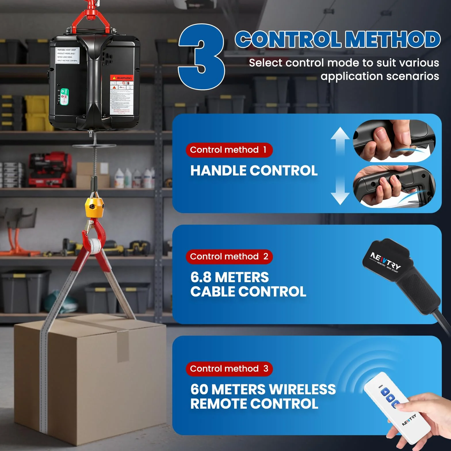 NEWTRY 3 in 1 Paranco elettrico telecomando senza fili 11,8 m/38ft 1500 W Winch elettrico con protezione da sovraccarico (carico 300 kg)