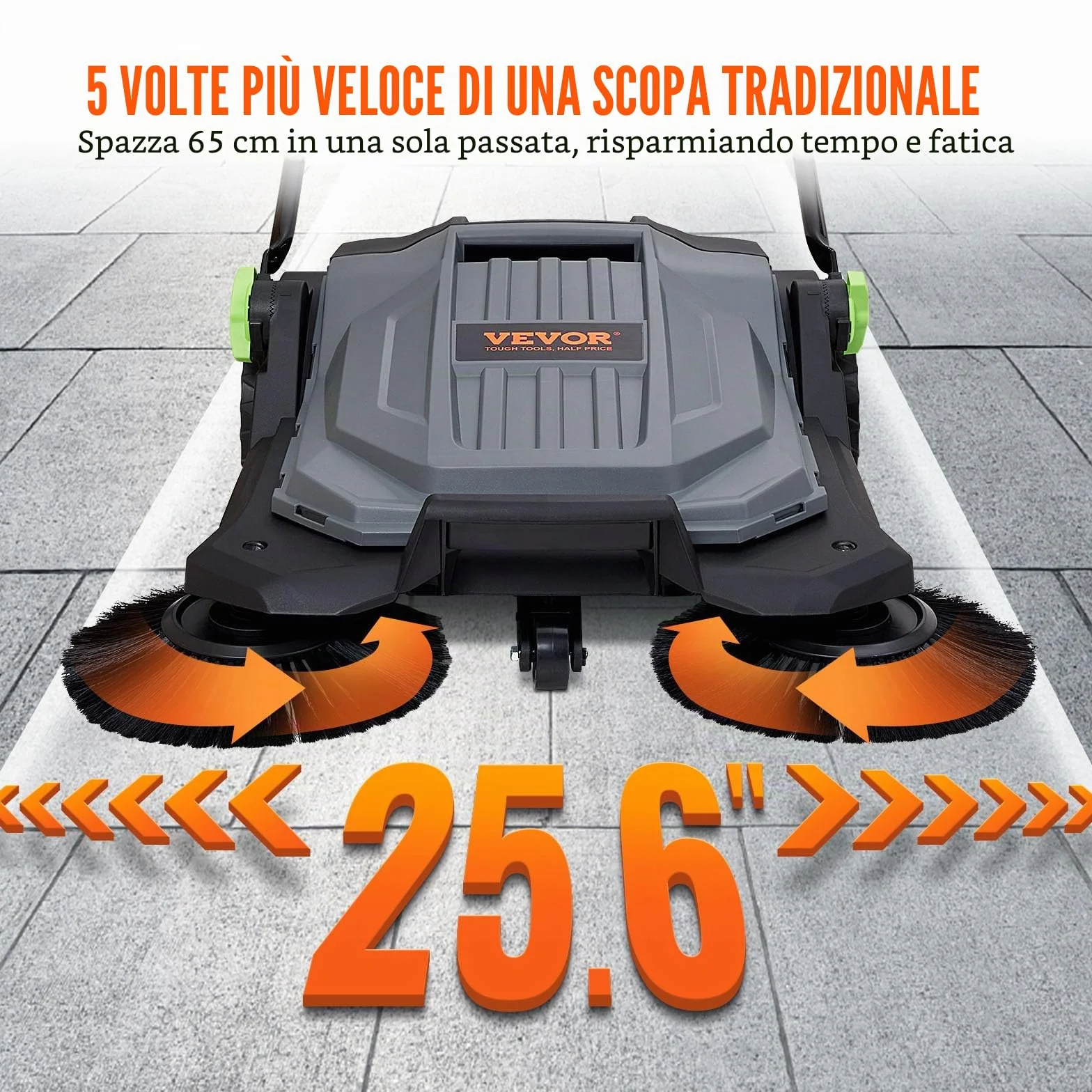 VEVOR Spazzatrice per pavimenti a terra manuale, larghezza 25,6" Spazzatrice per pavimenti manuale, contenitore per rifiuti da 5 galloni, maniglia in angolazione e altezza, cortile, garage, patio