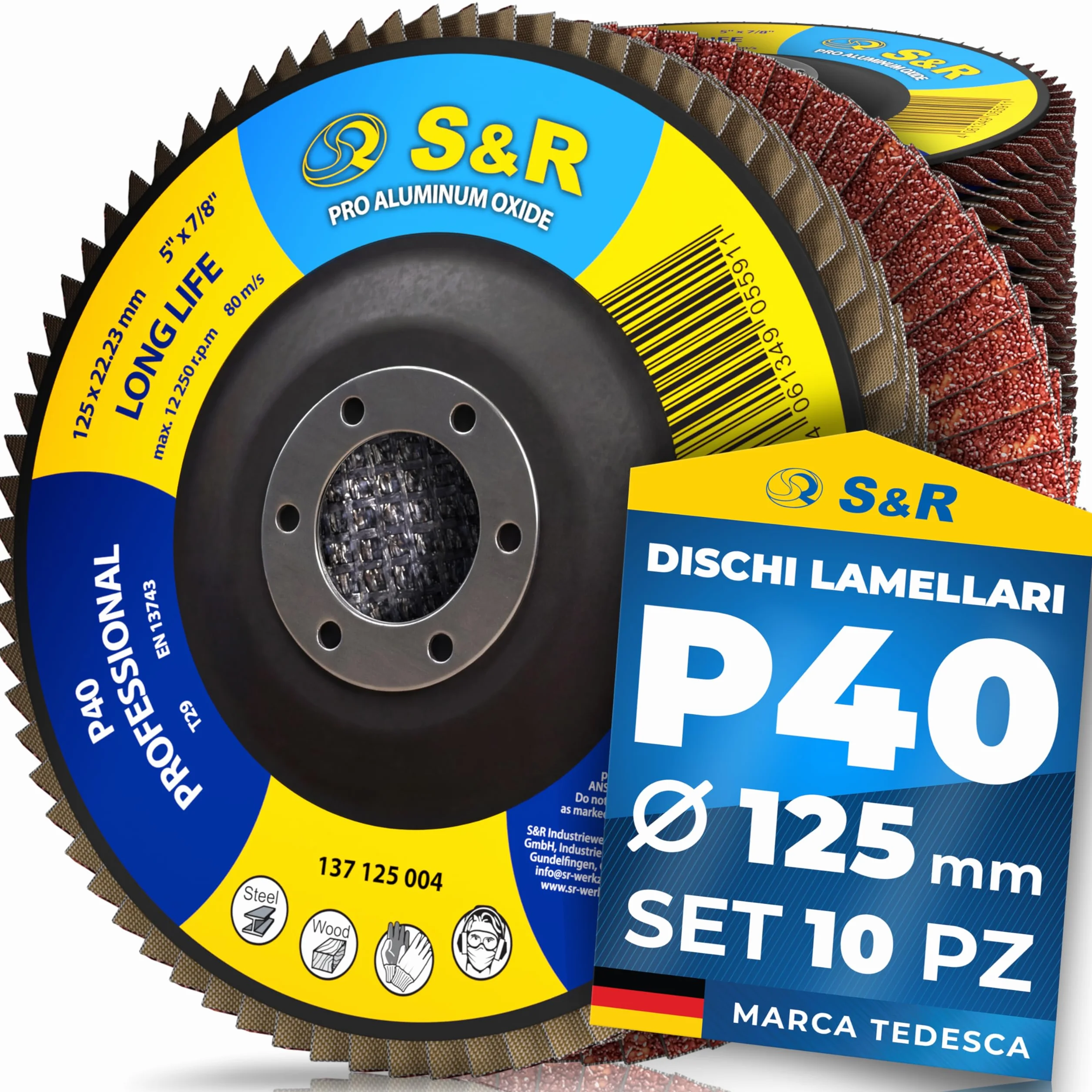 S&R 10 Dischi Lamellari 125x22,23 mm. Disco Abrasivo 125mm Grana 40 per Smerigliatrice. Disco Lamellare 125 – Ossido di Alluminio T29, Grana P40