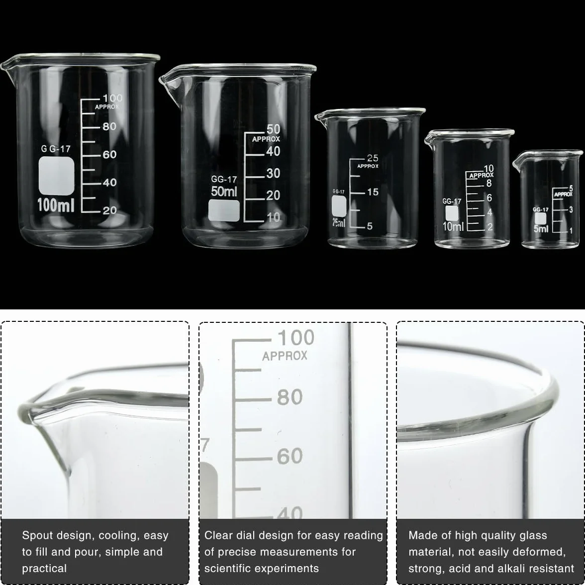 BUYGOO 5PZ Bicchiere Graduato 5ml 10ml 25ml 50ml 100ml Bicchieri con Beccuccio Set di Misurini in Vetro Bicchieri da Laboratorio Vetro da Laboratorio Bicchieri da Laboratorio per Esperimenti, Cottura