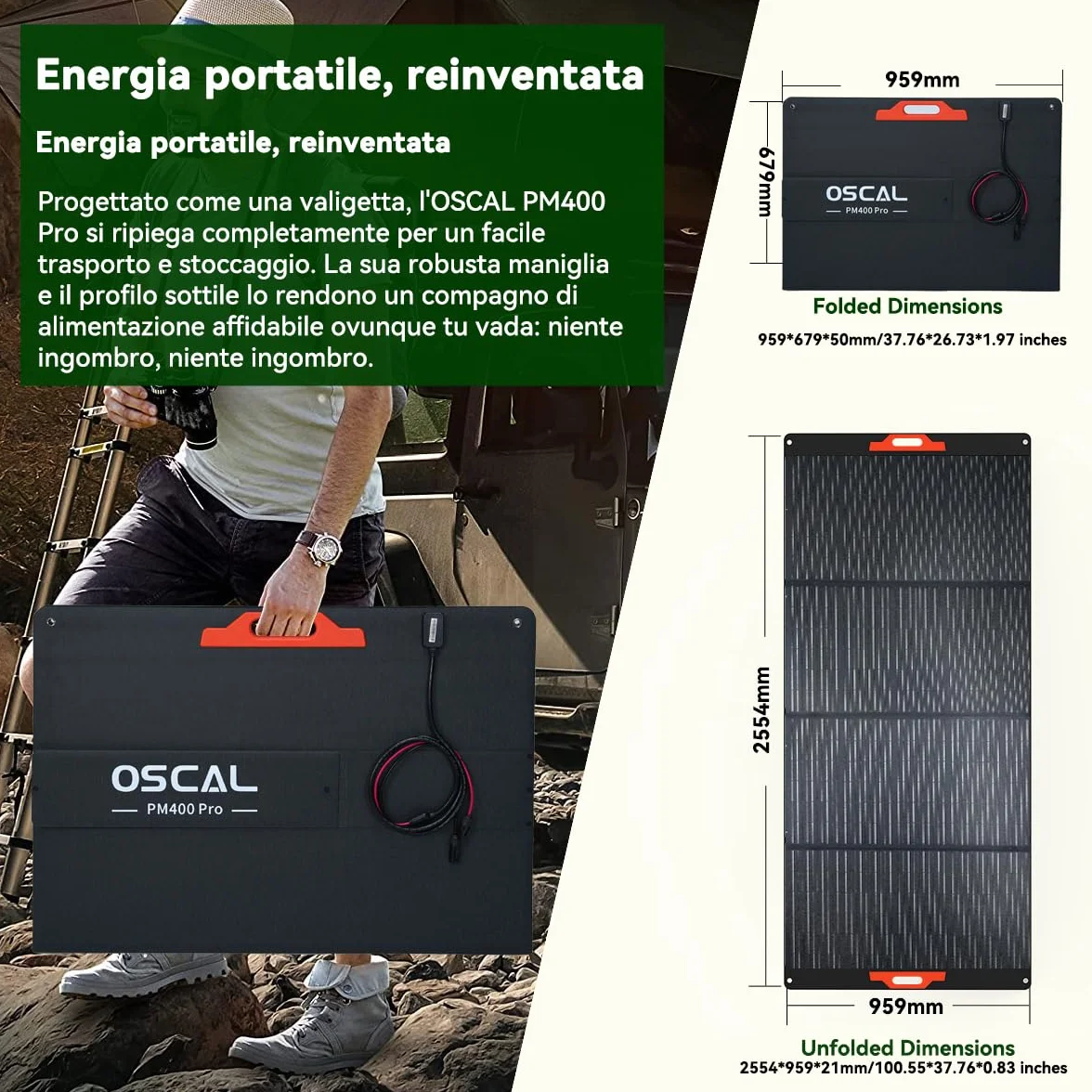 OSCAL PM400Pro 400W Pannello Solare Portatile, efficienza 23%,pieghevole, supporto regolabile e IP67. Perfetto per campeggio, camper e esterni