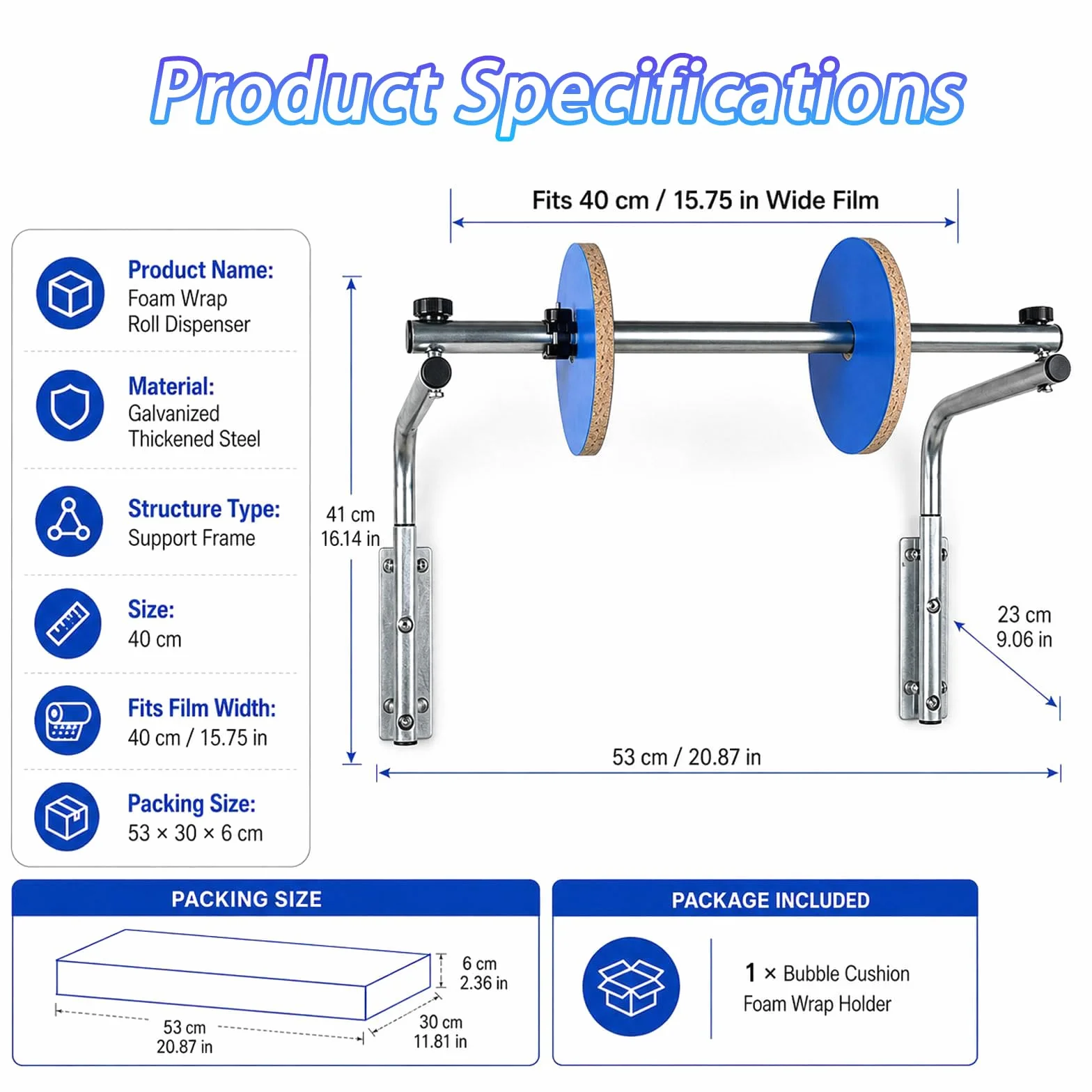 Dispenser per Rotolo di Pluriball, Supporto A Parete da 40 Cm, Adatto A Rotoli di Larghezza Massima 40 Cm, in Acciaio Zincato Rinforzato, Ideale per Imballaggio, Trasloco E Spedizione