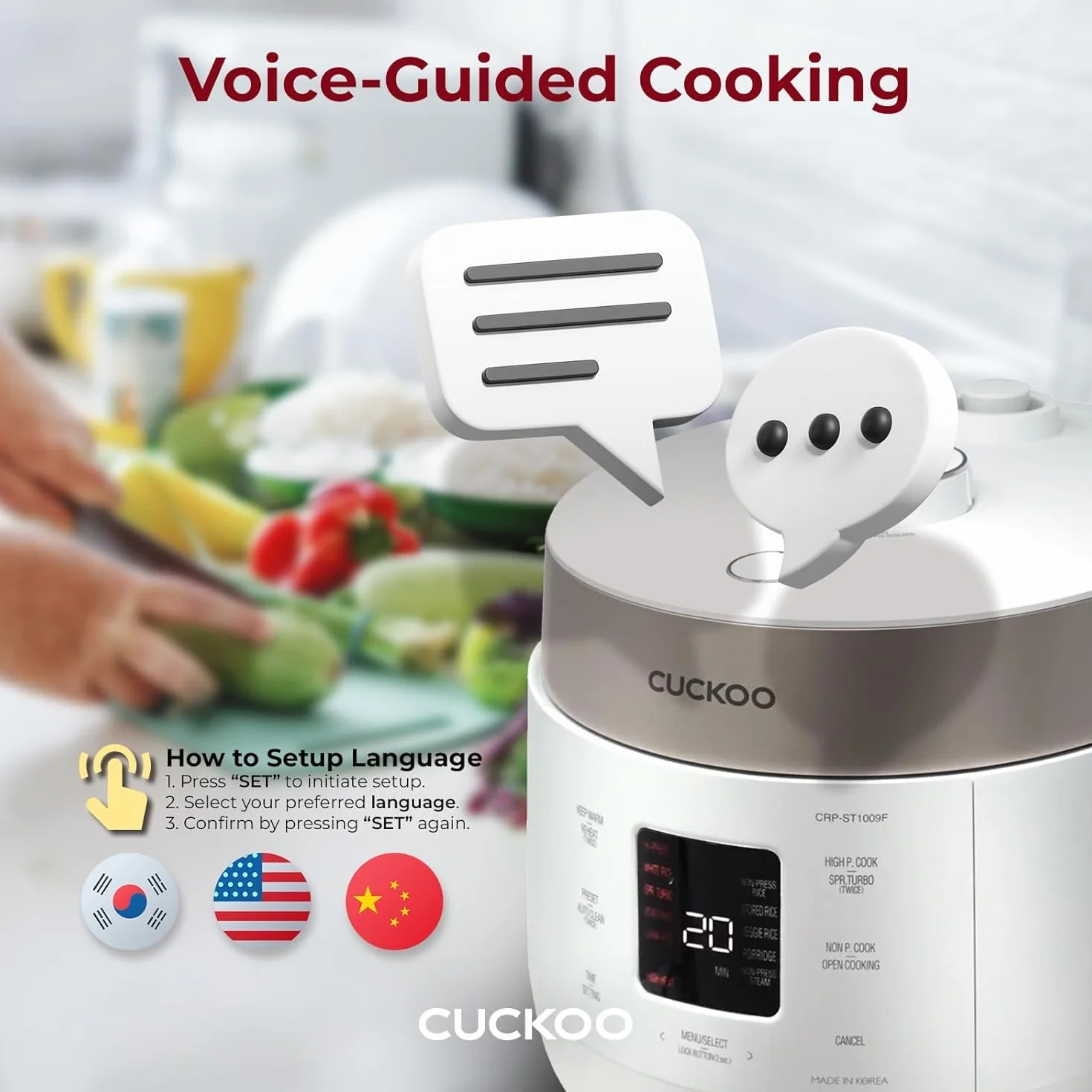 CUCKOO CRP-ST0609FW Cuociriso e scaldabagno per 6 tazze (non bollite)/12 tazze (cotte), doppia pressione cuoci riso e scalda con rivestimento antiaderente, 16 opzioni di menu, 3 guide vocali,