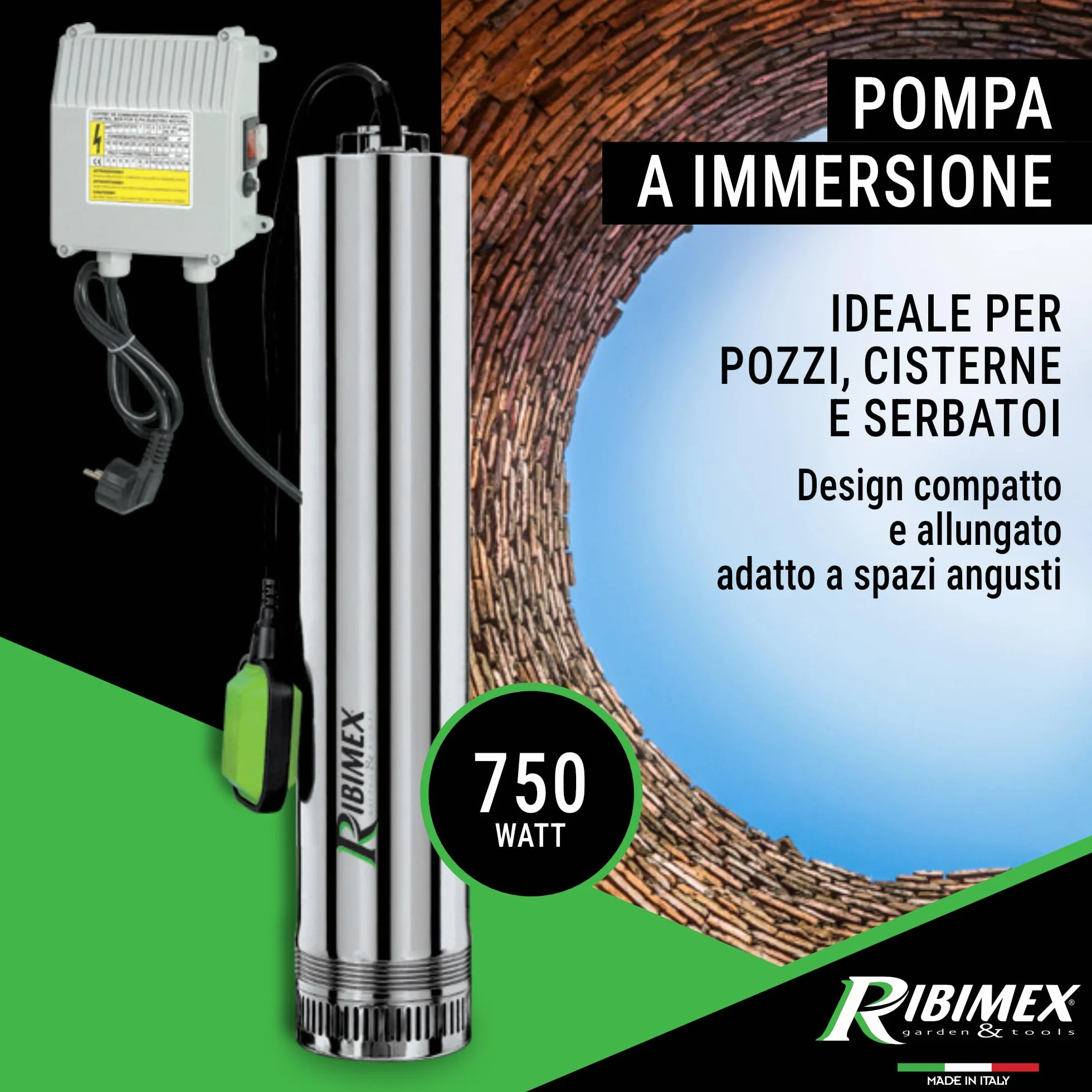 Ribimex Pompa Sommersa per Pozzi 4 Turbine, Acque Chiare, 750W, Portata 8000L/h, Immersione Max 15 m, Prevalenza 43 m, in Acciaio Inox, Ideale per Pozzi, Cisterne e Serbatoi - PRPVC751/43F
