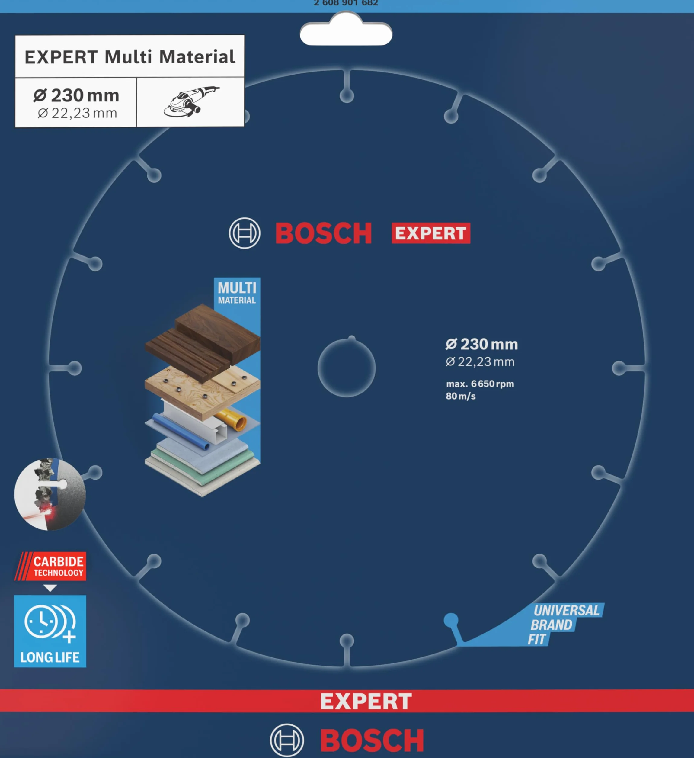 Bosch 1x Mola da taglio EXPERT Carbide Multi Wheel grandi (per Legno duro, Legno con chiodi, Ø 230 mm, Professional Accessorio Smerigliatrice angolare grande)