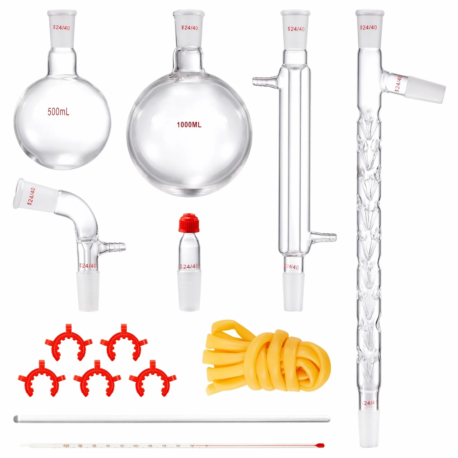 VEVOR Kit di Distillazione,14 Pezzi Kit di Vetreria da Laboratorio, Giunti 24/40 Kit di Distillazione da Laboratorio, 1L Kit di Vetreria per Purificatore in Vetro, per Essiccazione, Cristallizzazione