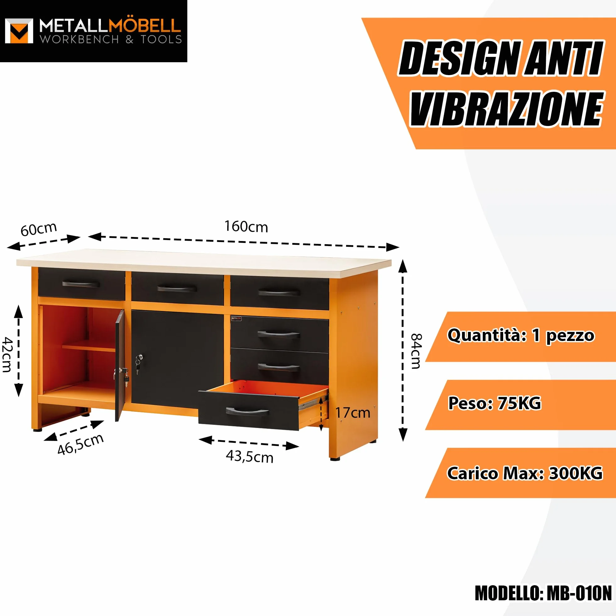METALLMOBELL - Banco da Lavoro Officina, 160x60x84cm, con Cassetti e Armadietto, Tavolo da Lavoro Garage, Banchetto da Lavoro, Banco da Falegname, Banco da Lavoro Garage, Banco Lavoro MB010N