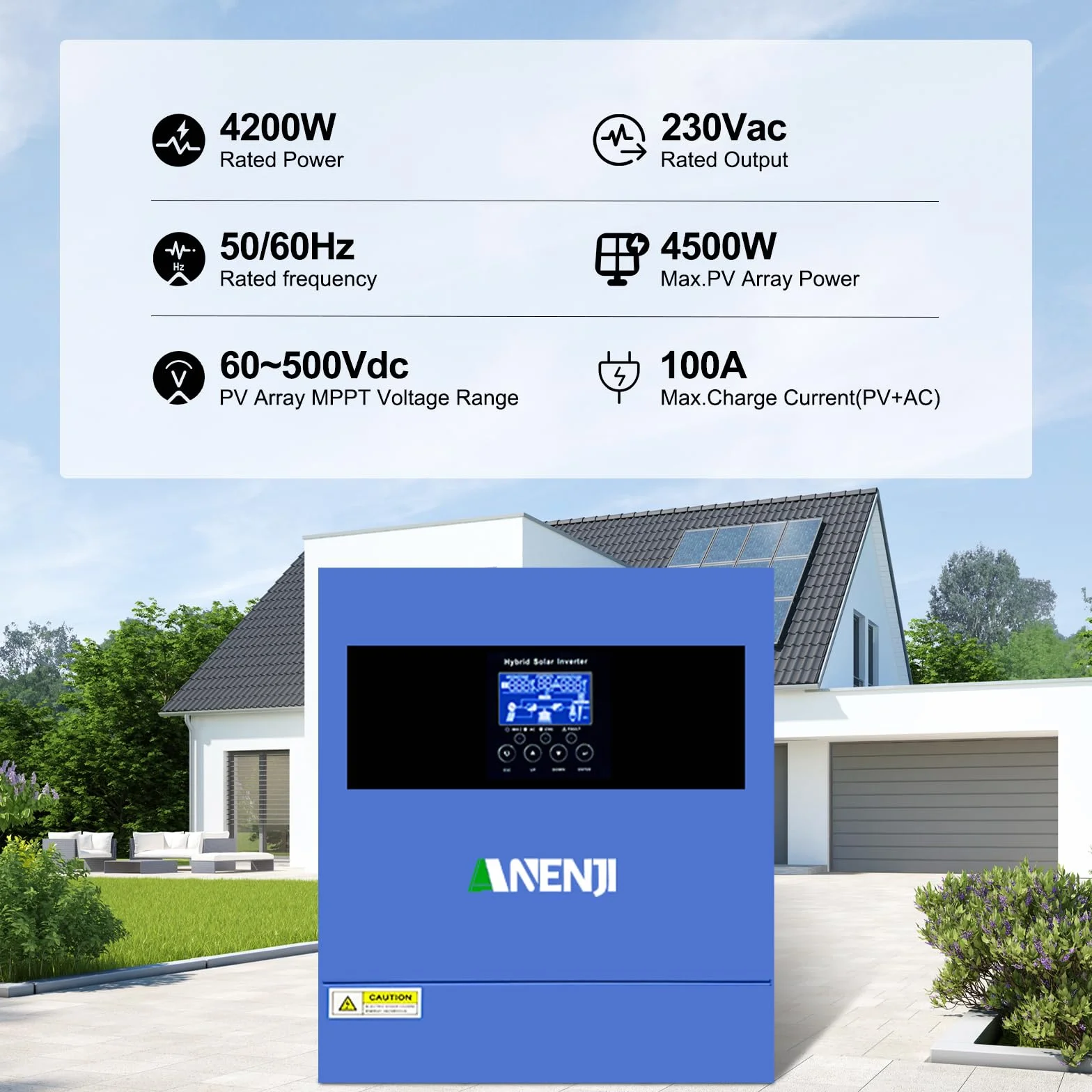 4200W Inverter ibrido a onda sinusoidale pura, Tensione a Circuito Aperto Fotovoltaico 60–500 Vcc Dotato di un MPPT da 100 A e di un modulo WiFi integrato, Adatto per batterie da 24V