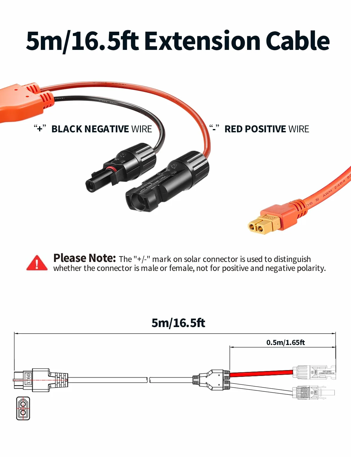 Cavo solare con connettore XT60, cavo per pannello solare da 5 metri, cavo di ricarica solare, cavo solare, 12 AWG, compatibile con EF DELTA 2 e River Pro MAX Powerstation 757, pannello solare