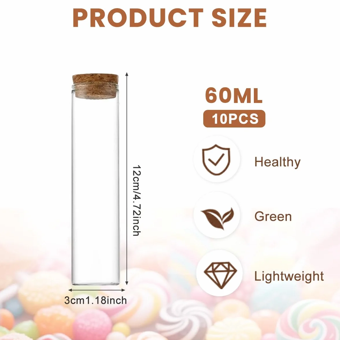 10 PZ 60ML/2OZ Vuoto Trasparente Tubi di Prova di Vetro Ricaricabile Fiala con Tappo di sughero Bottiglia In Miniatura Reagant Jar Bottiglia per Lab Party Favors Candy Spezie Perline