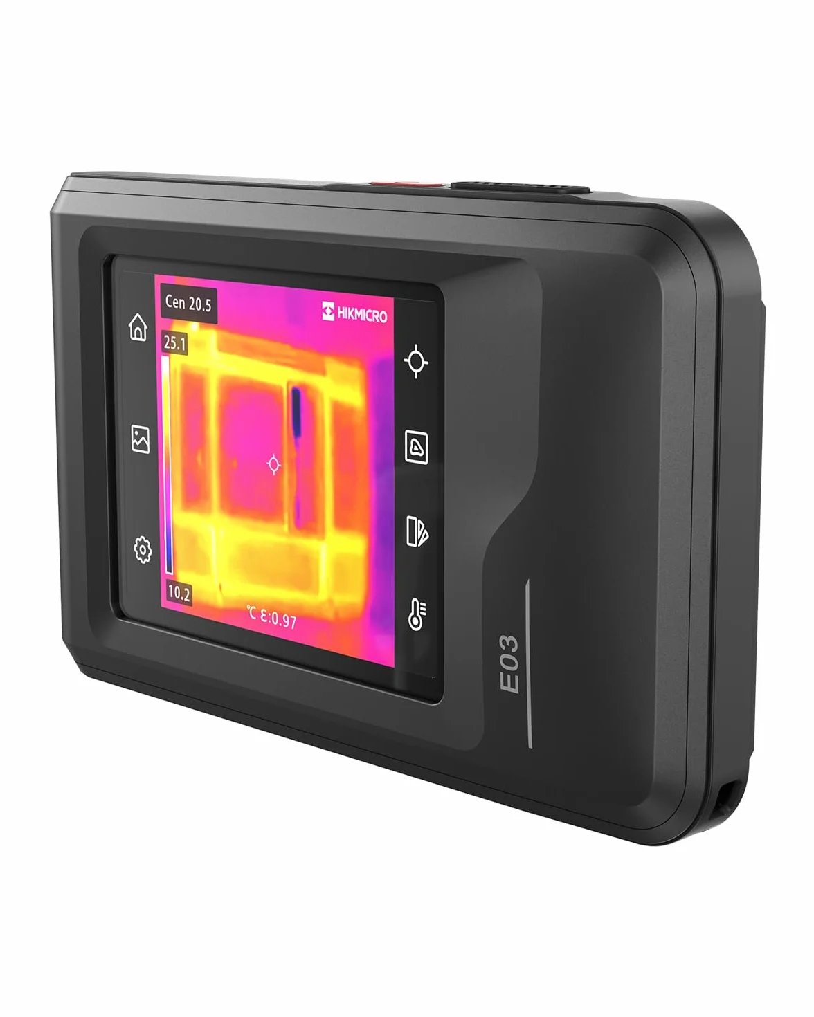 La termocamera compatta HIKMICRO E03 ha una risoluzione SuperIR di 240x240 e una camera visibile con risoluzione 96x96/9216 pixel, 25 Hz, display touchscreen da 3.5", IP54, da -20°C a 350°C