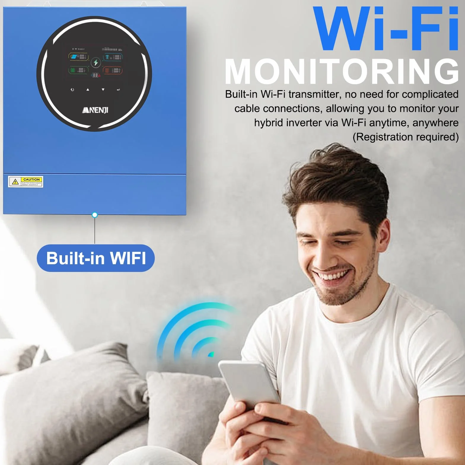 5000W Inverter Ibrido 48V Inverter Fotovoltaico a Onda Sinusoidale Pura, Tensione a Circuito Aperto Fotovoltaico 60–500 Vcc Dispone di Due Porte di Uscita Integrate e un Modulo WiFi