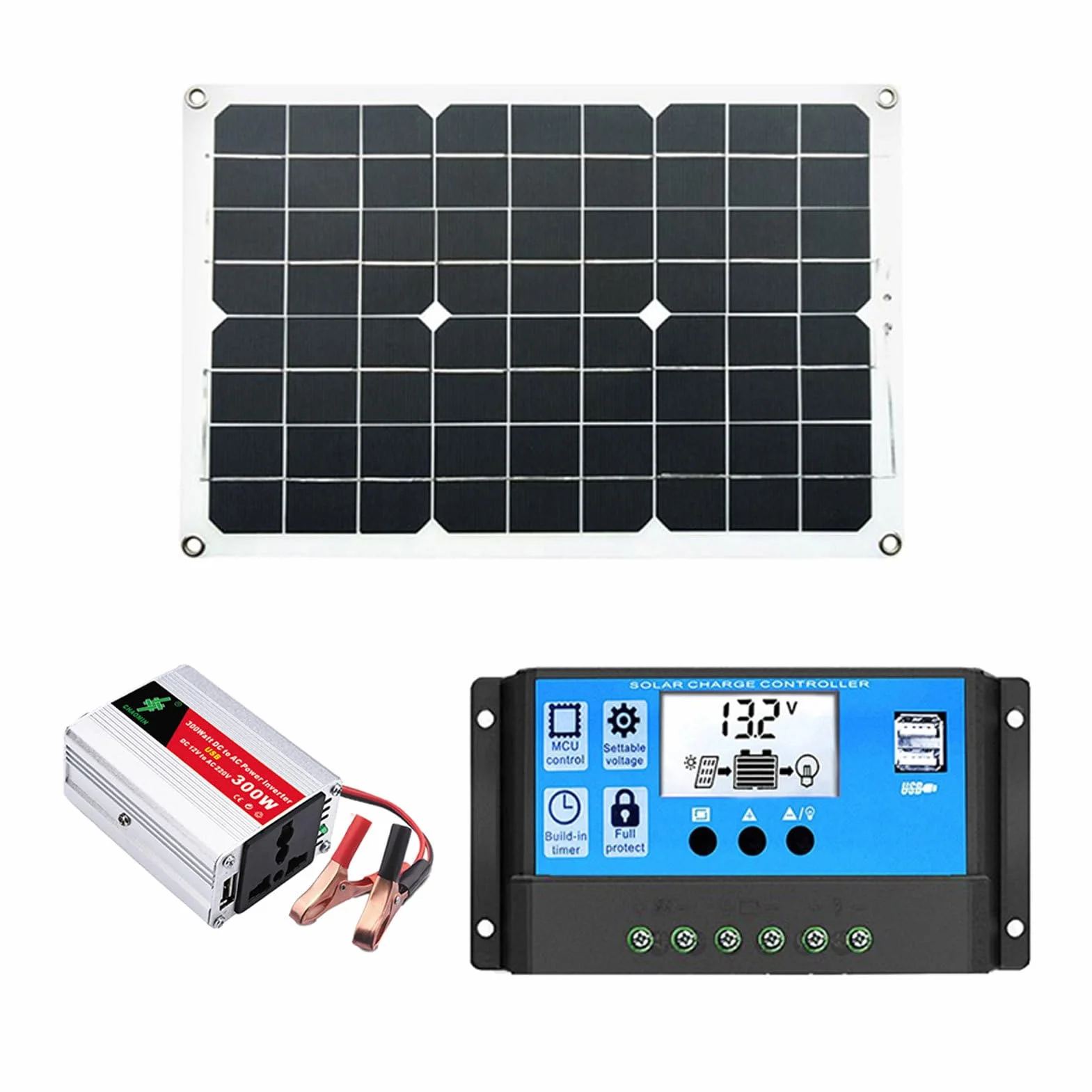 Set di pannelli | Generatore solare 300 W con prese 220 V AC | Regolatore di carica solare 30 A, caricatore inverter a onda sinusoidale pura, camper, rimorchio, camper, marina, ho