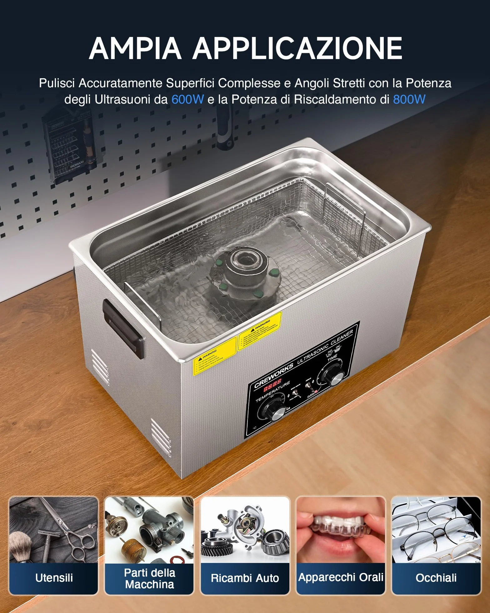 CREWORKS 30L Vasca Ultrasuoni in Acciaio Inossidabile con Riscaldatore e Timer 600W Pulitore Ultrasuoni Industriale con Modalità Degas e Delicata per Casa Laboratorio Utensili