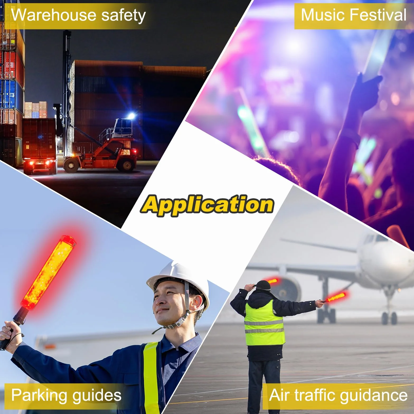 PATIKIL 4 Confezione 11 Pollice Bacchetta Segnaletica Traffico, Bacchetta Controllo Traffico Aereo Torcia LED con 3 Modalità Lampeggiante Clip Laterale Cinturino Polso Lanyard, Giallo