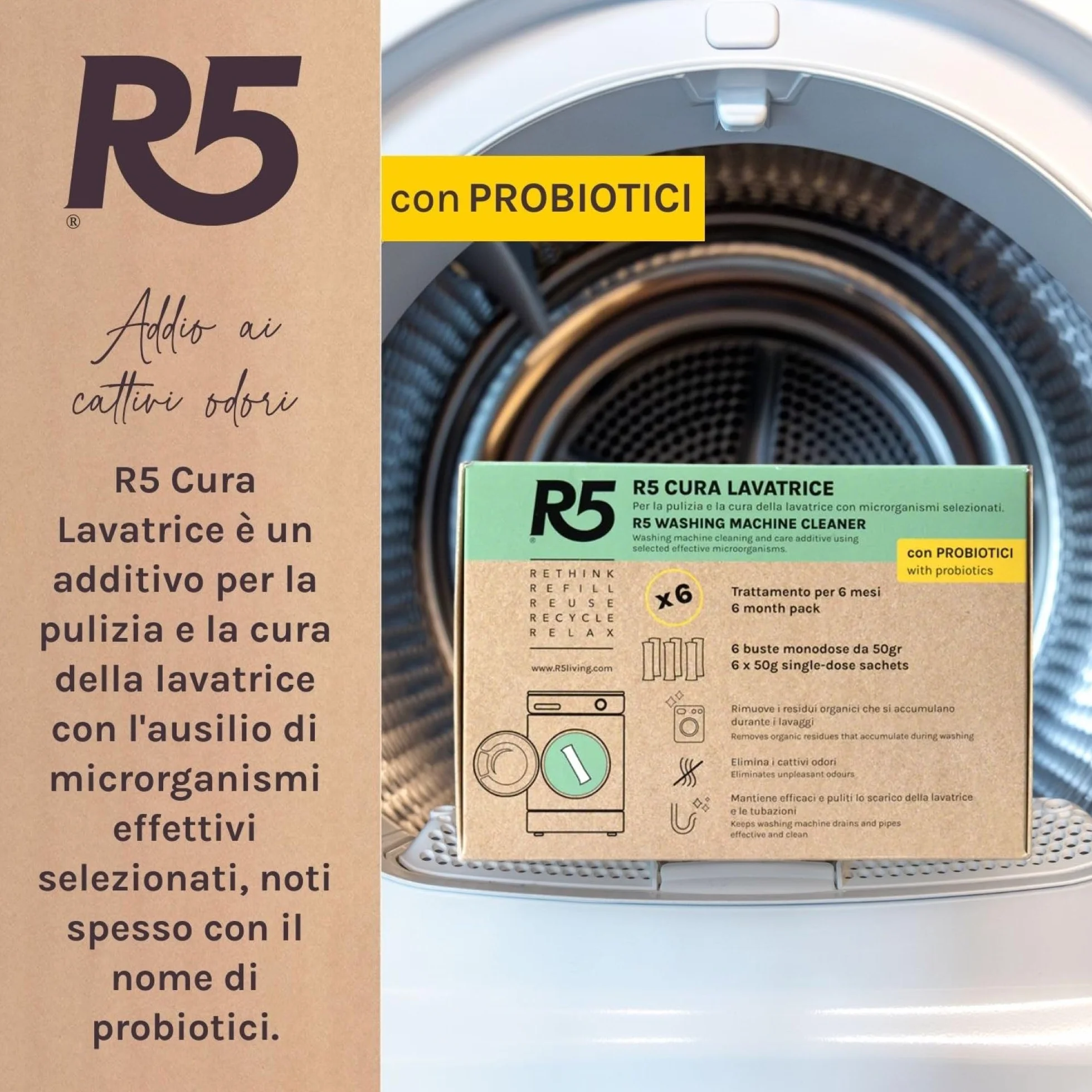 R5, Cura Lavatrice, 12 Dosi, Additivo per Pulizia e Cura della Lavatrice con Microrganismi Effettivi Selezionati, Rimuove Residui Organici e Cattivi Odori, 2 x 6 Dosi