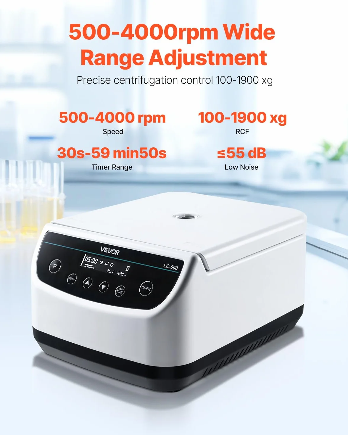 VEVOR Centrifuga da Laboratorio Elettrica 100-1900 xg RCF con Rotore per Provette da 2/5/10/15 ml, Velocità Regolabile da 500 a 4000 Giri/min, Bassa Rumorosità per Esperimenti di Laboratorio