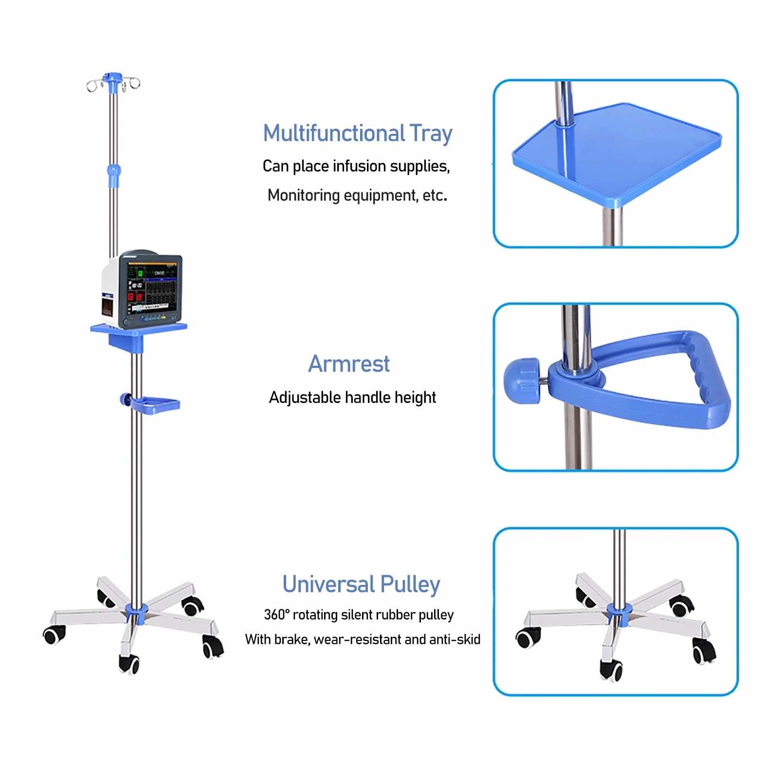Asta Porta Flebo Con Ruote - Asta per Flebo, Porta Flebo 4 Ganci 5 Gambe Base Mobile con Acciaio Inossidabile Resistente, Altezza Regolabile