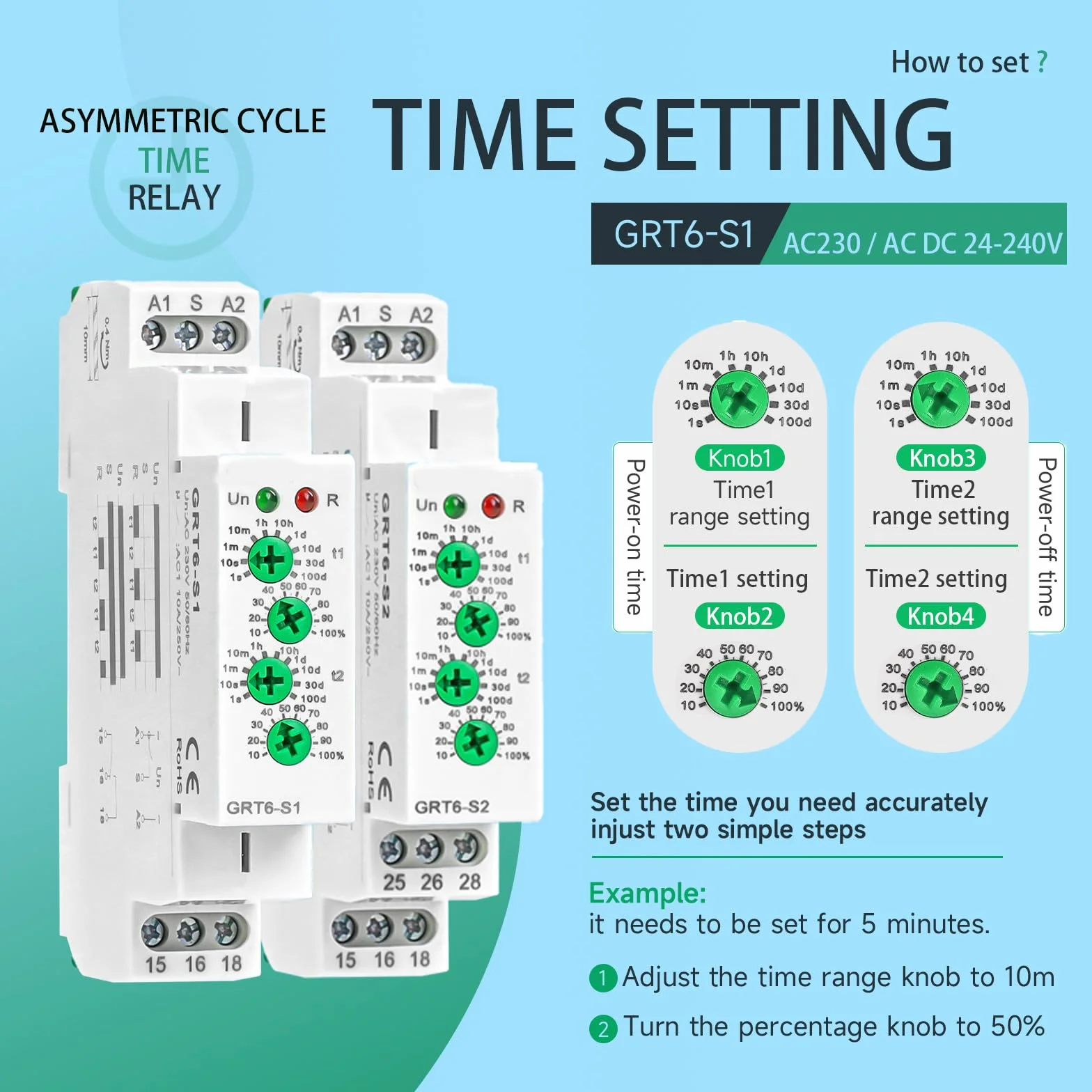 Relè temporizzato ciclico GRT6-S1 AC/DC 24-240V, montaggio su guida DIN, controllo temporale indipendente a doppio canale