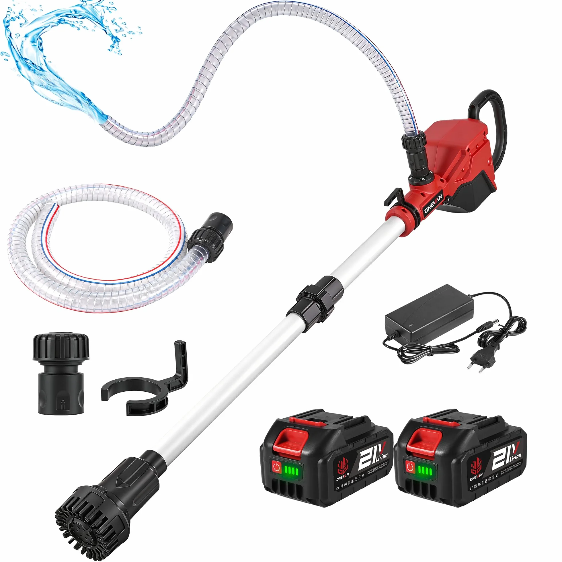 ONEVAN Pompa dell'acqua a batteria con asta telescopica, senza spazzole, senza fili, 21 V, 10 m, portata 2740 l/h, tubo da 2 m, 2 batterie da 3000 mAh, per giardino, piscina, acqua piovana