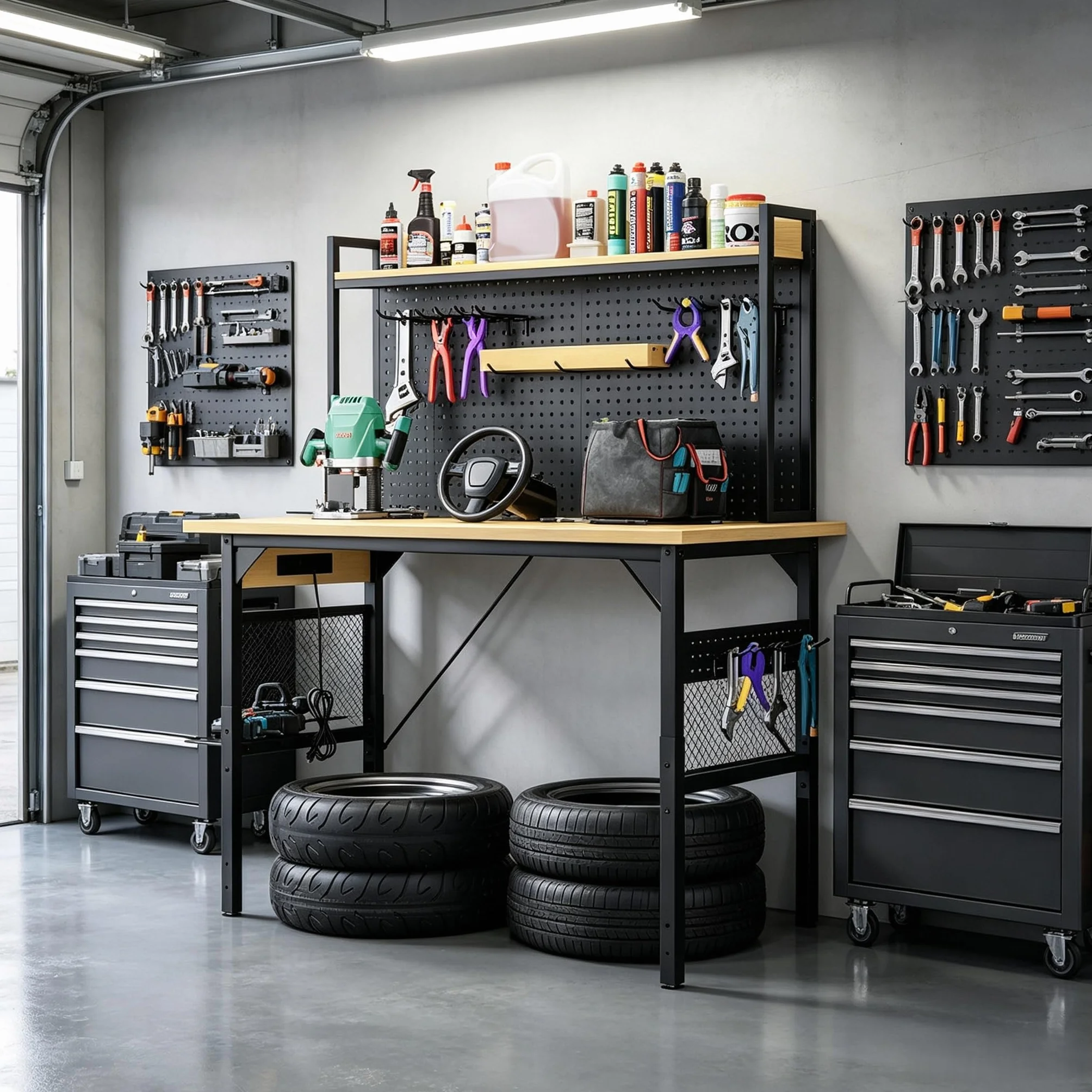 Banco da lavoro regolabile in altezza, 120 cm, con pannello forato, banco da lavoro con ruote, prese, USB e tipo C, tavolo da officina con gancio e ripiano, banco da lavoro pesante per garage