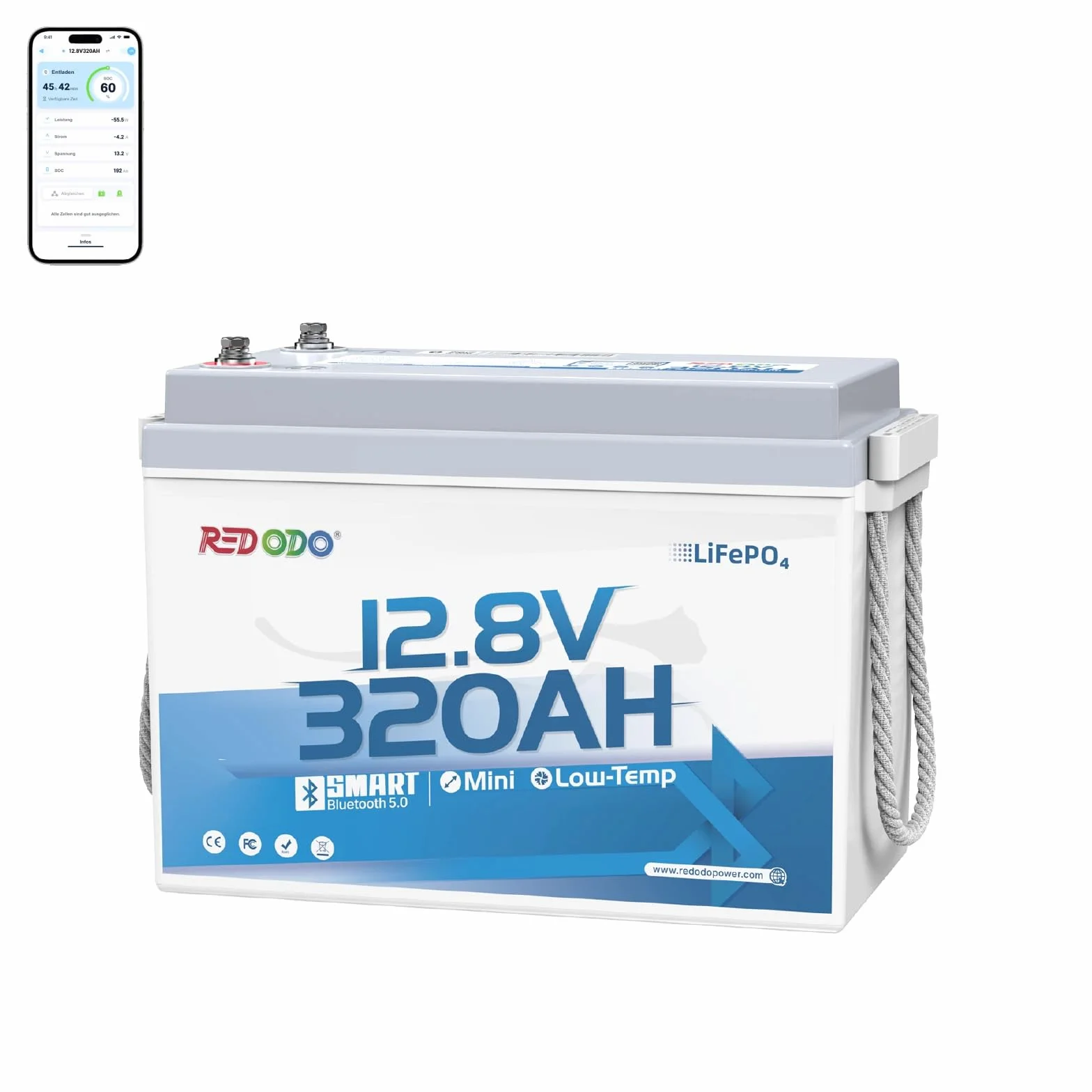 Redodo 12V 320Ah W190(1 PACK) Batteria LiFePO4 con Bluetooth 4096Wh Batteria Litio con BMS 200A Monitoraggio via APP per Camper/Barche/Cabine Off-Grid/Emergenze Domestiche